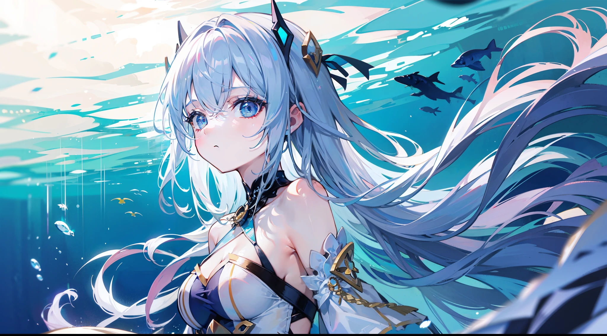 最high quality、best image quality、masterpiece、girl((20-year-old、 By becoming、vest bust、medium bust,wide open breast tea、shining eyes, Water feathers、long hair、thin,highest valley、blue sports bra、blue sports pants,diamond earrings、Wristband、black gloves、swimming、Ocean、smile、smile、swimming motion)),high quality、beautiful art、background((深Ocean、Ocean、shark、))、Flight、debris flies、Depth of written boundary、movie、visual art、perfect art、8K,genuine、Oceanアート、anime style
