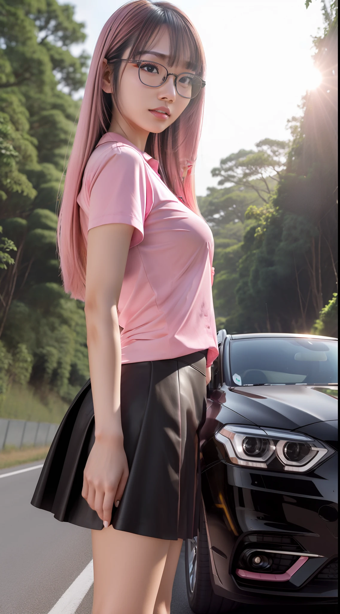 (8k), (high detail), (profesional photoshoot), 1 japanese girl, blonde hair, long hair, (face detail), pink glasses, (big breast), (pink shirt), (black short skirt), tall body, high heels, shoot full body, roadside view