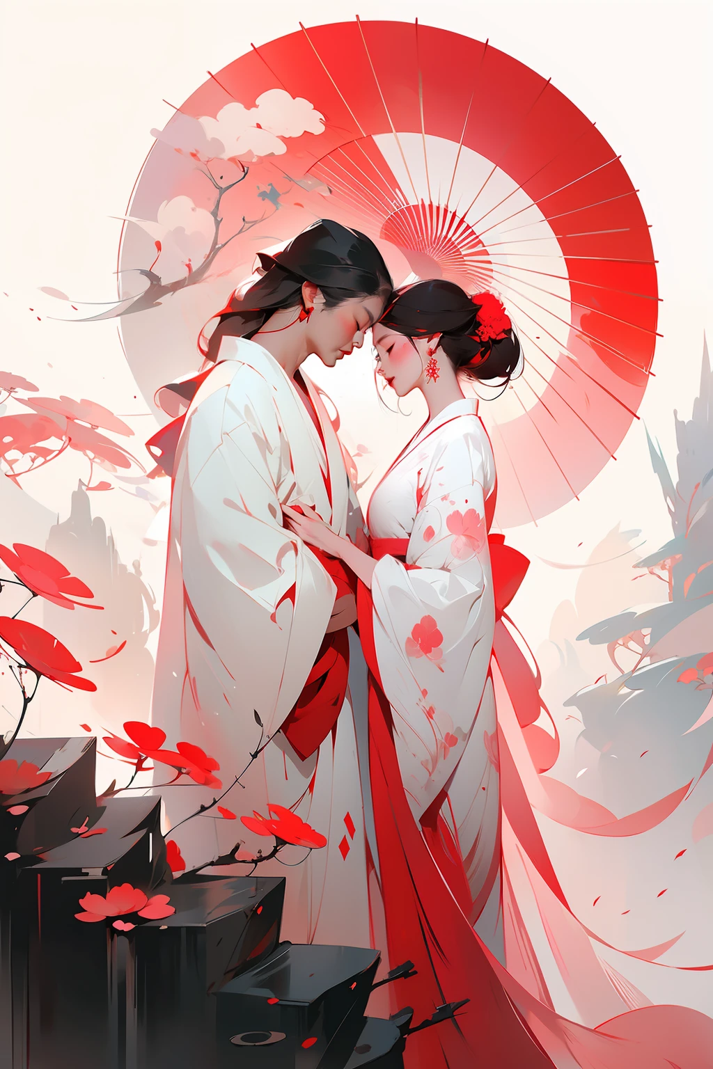 anime couple in kimono dress kissing under umbrellas in front of red and white background, guweiz on pixiv artstation, guweiz, krenz cushart and wenjun lin, guweiz on artstation pixiv, artwork in the style of guweiz, flowing white robes, ross tran and bayard wu, onmyoji detailed art