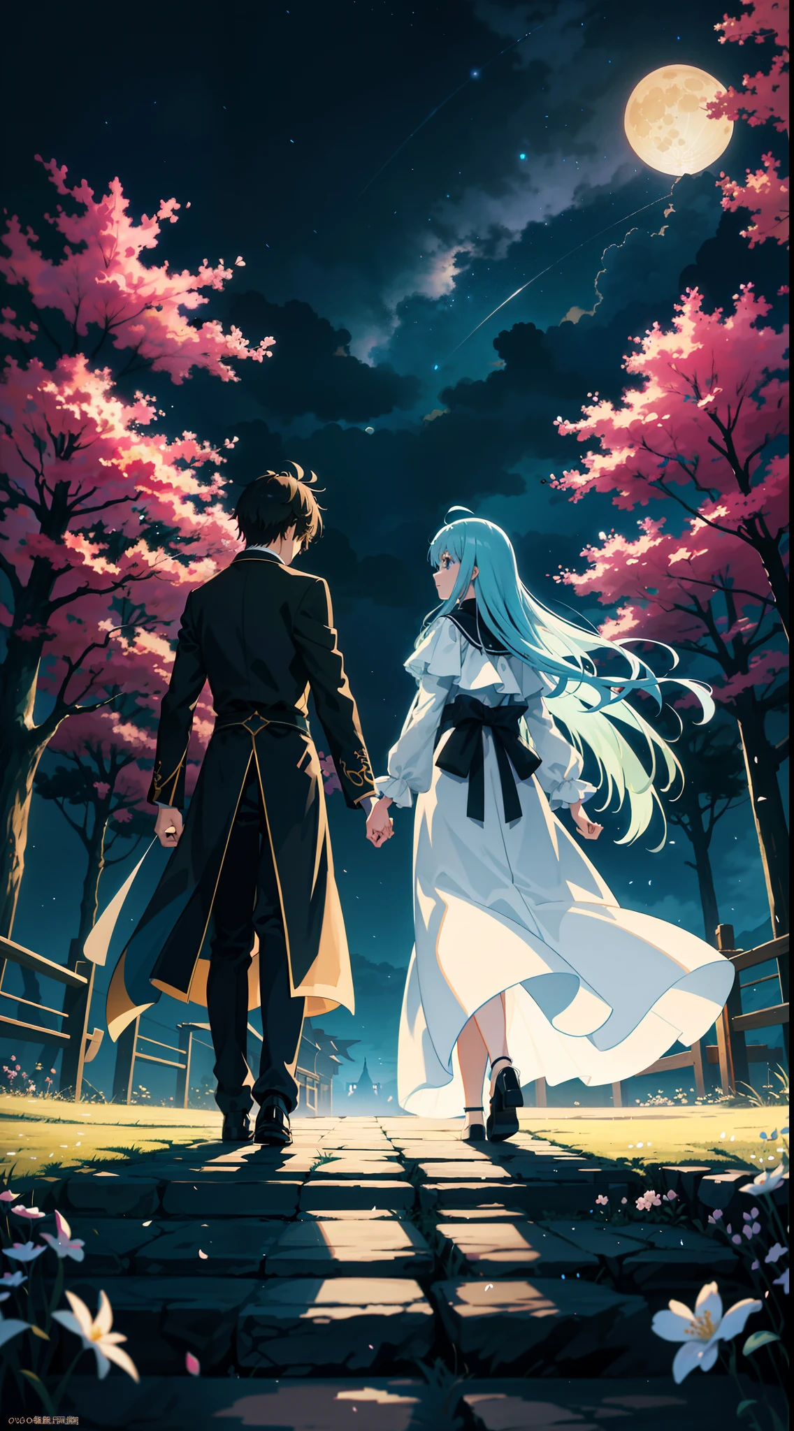 Painting of a couple together in moonlight,The concept art was inspired by Tosa Mitsuoki,Pixiv competition winner,best qualtiy,Fantasyart,beautiful anime scenes,A bright moon,Couple holding hands in moonlight,Trench coat and long skirt,Surrounding forest,glowworm,courtyard,blossoms,starlights,Dream painting,Anime background art,dream scenery art,Fantastic night, anime backgrounds, background artwork, dreamlike art, Atmospheric anime, starrysky,Detail enhancement。