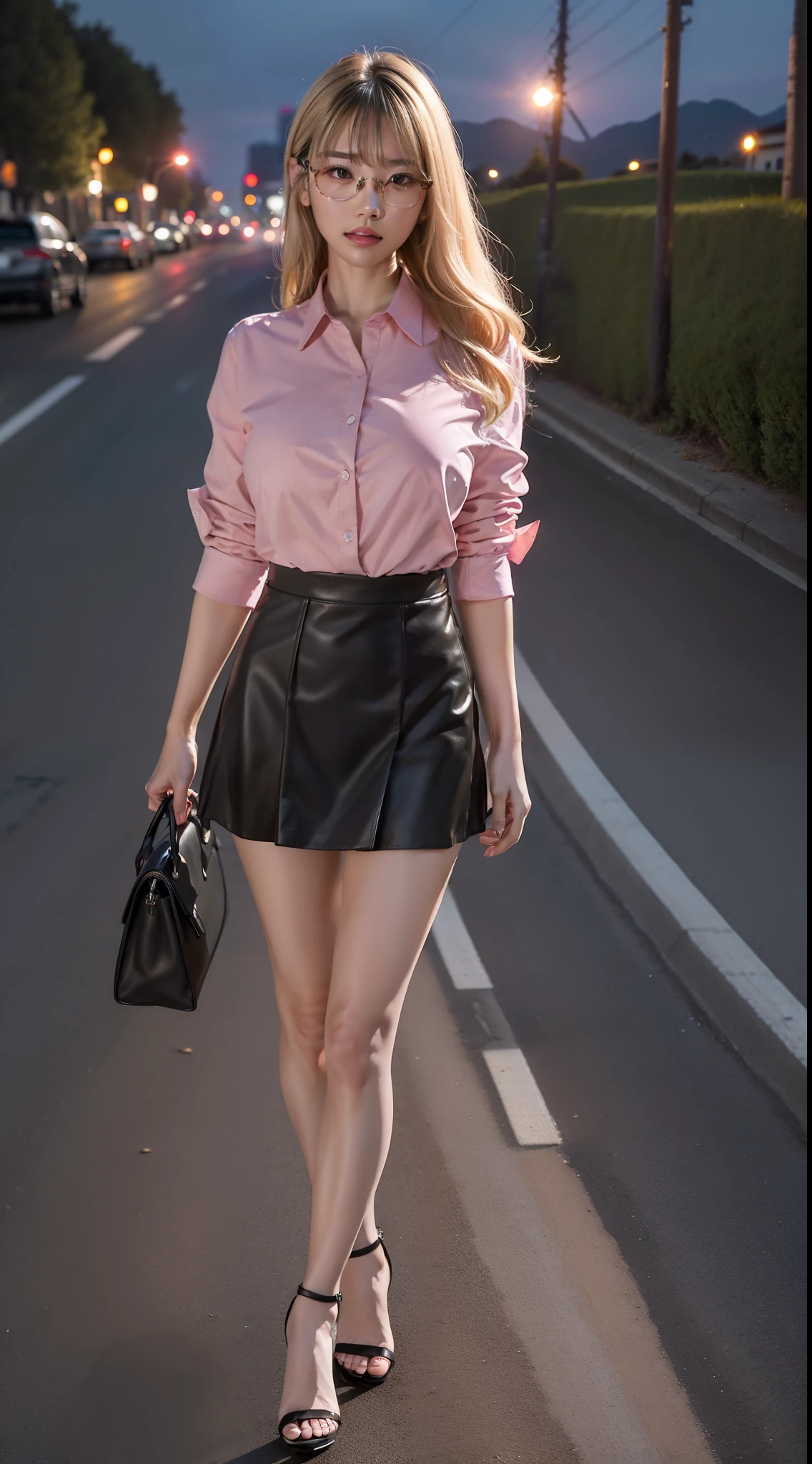 ((Top Quality, 8k, Masterpiece: 1.3)), Crisp Focus: 1.2, Beautiful Women with Perfect Figure: 1.4, Slender Abs: 1.2, (Face detail), (shadow detail), (extream high quality), 1 japanese girl, blonde hair, long hair, (face detail), pink glasses, (big breast), (pink shirt), (black short skirt), tall body, high heels, shoot full body, roadside view, ((midnight)), (low lighting), walking