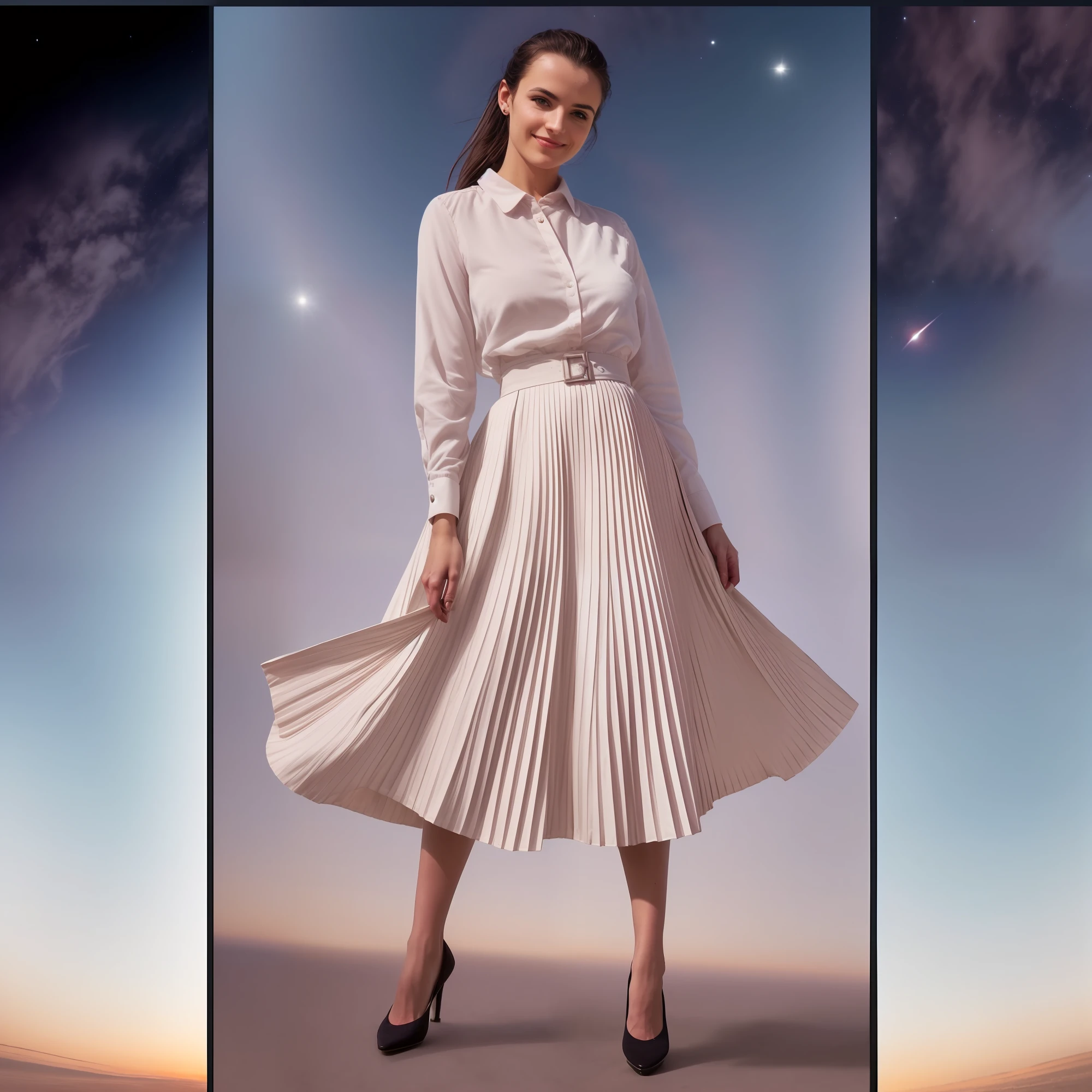 a therapist is dancing in her skirt (in a flirting manner:1.3) while in a space station, (shy) authentic (kind and tender) lesbian woman wearing a short blazer with a very very detailed (long (fully pleated) full circle skirt) and (simple) low heeled office shoes, very very intricate hyper-detailed symmetric (attractive graceful young feminine face) with (sad, tired) eyes and a (flirty smile), full of empathy and compassion and love, (pronounced feminine features:1,3), extremely freckled skin and very long dark hair, big boobs, large breasts, shirtless, topless, (highly detailed ultra accurate realistic) hands and fingers, ((windy conditions and wind blowing)), epic composition, highly detailed attributes, highly detailed atmosphere, detailed background, intricate, Exquisite details and textures, highly detailed, deep space station secret operations active background,