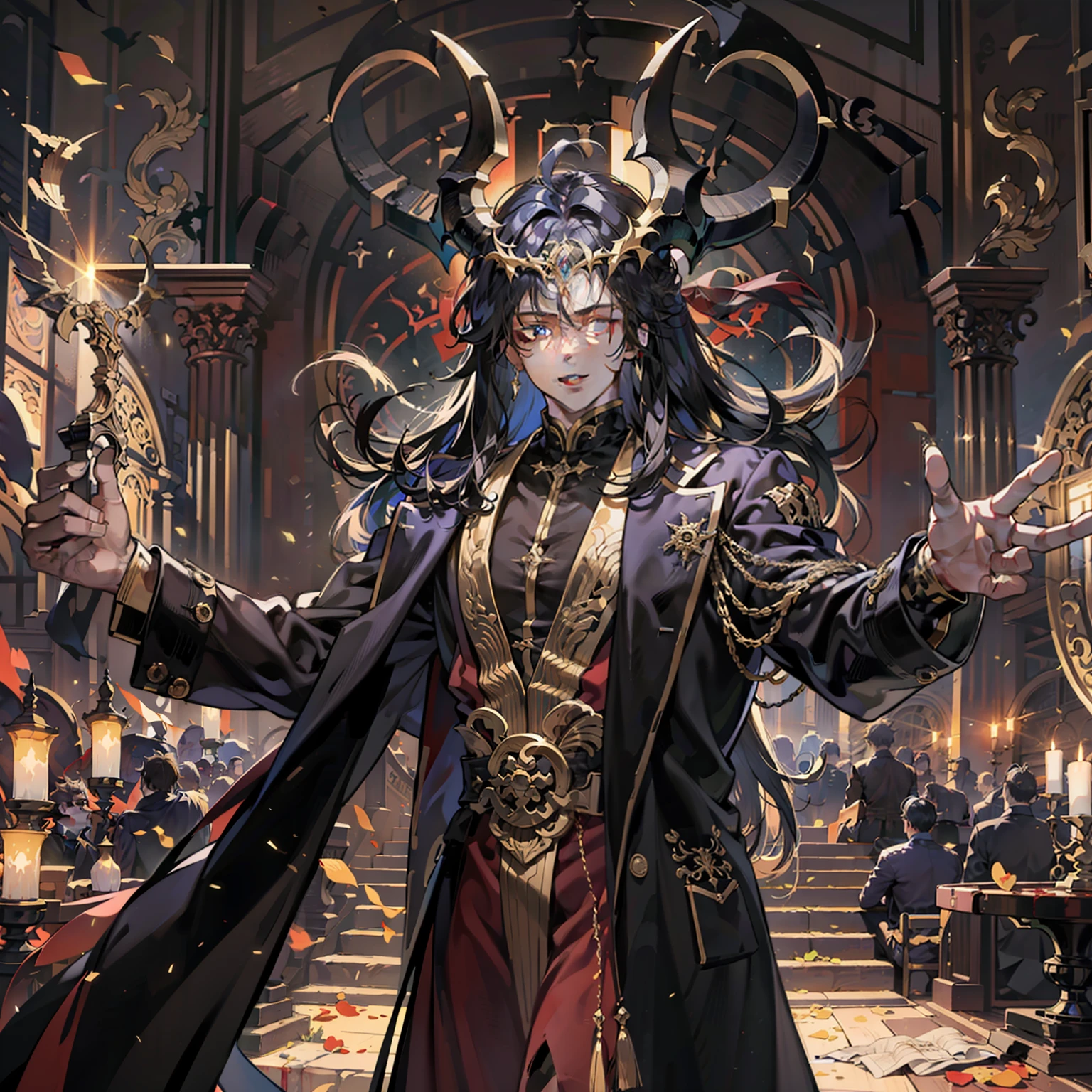 (hoang lap,超高分辨率,ultra - detailed),A handsome adult male,Fine eyes,Golden-colored pupils,Dark black hair,fanciful,complex pattern,Detailed facial features,Strong body,dark skin color ,Magic effects,Optimal proportions of four-finger smiles,(Dutch angle),English gentleman,Long-horned demon,Gorgeous theater stage,Gold and blood dance,Extremely gorgeous,Lucifer,dark skin color ,The only protagonist,Luxurious black robe,black main color,Jewelry and gold decoration,The background is a theater stage,Elegant and arrogant, The ultimate villain,European fantasy,Half exposed upper body,king of hell,Elegant smile,Toothless,Full body photo,There is only one person in the picture,dark skin color,The head has long horns with gold carvings