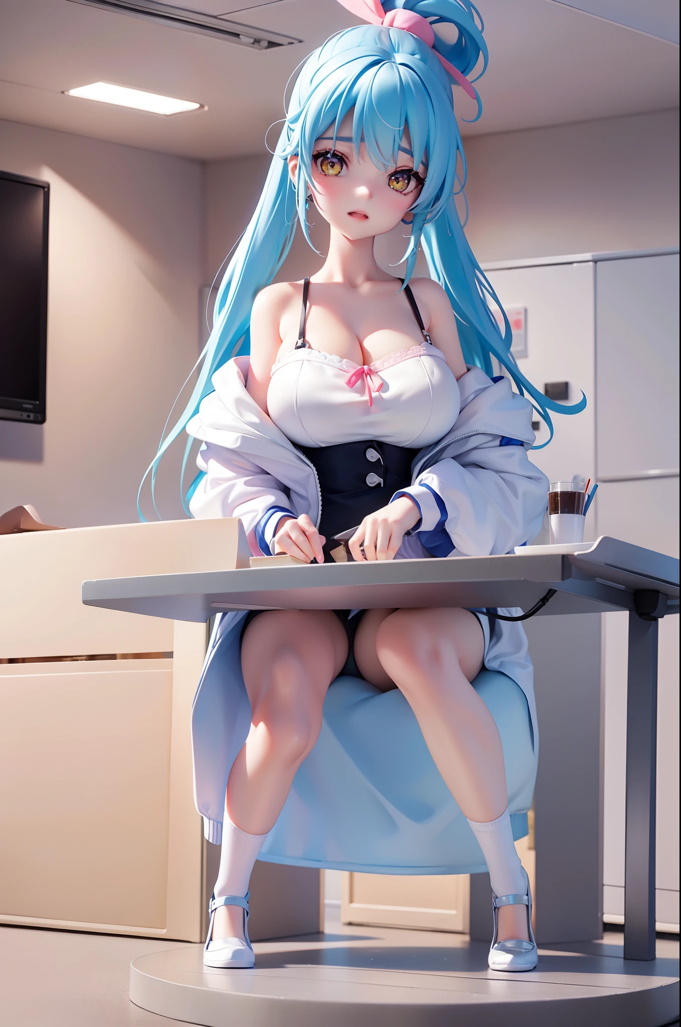 Pink lingerie,Blue hair,huge tit,high-definition picture quality,High ponytail,Pale yellow eyes,Need,big breasts beautiful,kneels on the ground,office room