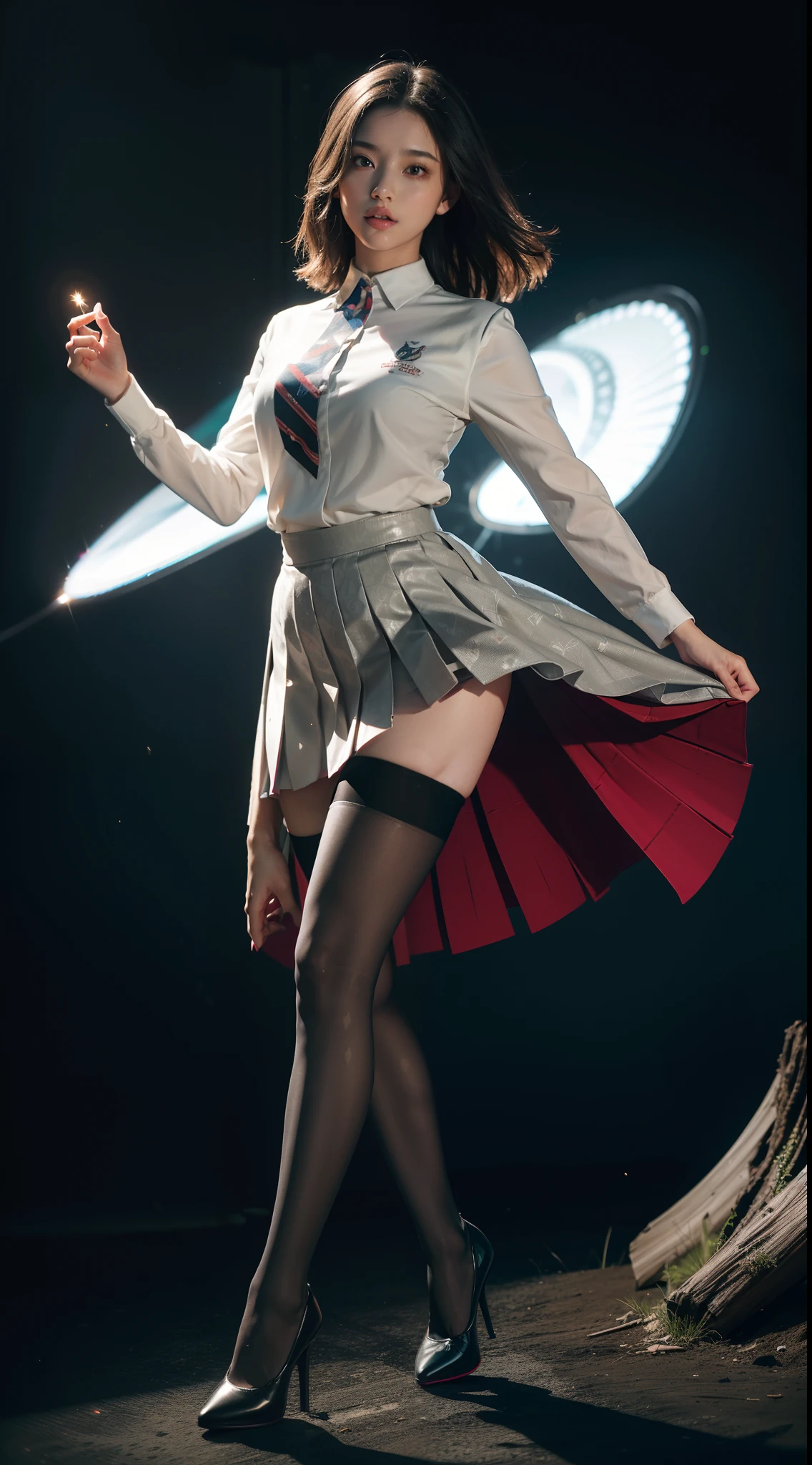(full body:1.5),(1girl:1.3),(view the viewer:1.4),(anatomy correct:1.45),(Dancing on high mountain peaks:1.3),(very thick printed pantyhose:1.4),( A woman Wear printed fantasy noble JK student uniform pleated skirt and uniform pointed high-heeled leather shoes :1.35), (Light particle effect:1.3),(In pink | amarelo | blue colors| green color |red color | white colors| black in color| purplish color| greys| Beige| Flesh color 1.4),(Glowing eyes:1.3),(Large amplitude action: 1.3),(Accurate and perfect face:1.4),hyper HD, Ray traching, reflective light,structurally correct, Award-Awarded, high detail, lighten shade contrast, Face lighting,cinmatic lighting, tmasterpiece, super detailing, high quality, high detail, best quality, 16k,High contrast,