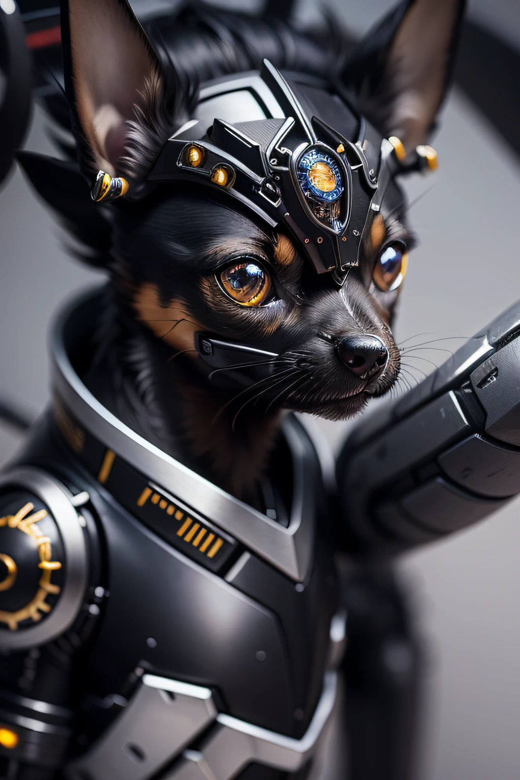 Cute black tan Chihuahua made of metal、(cyborgs:1.1)、([tail | Detailed wire]:1.3)、(intricate-detail)、hdr、(intricate-detail、ultra-detailliert:1.2)、Cinematic Shots、vignettes、central