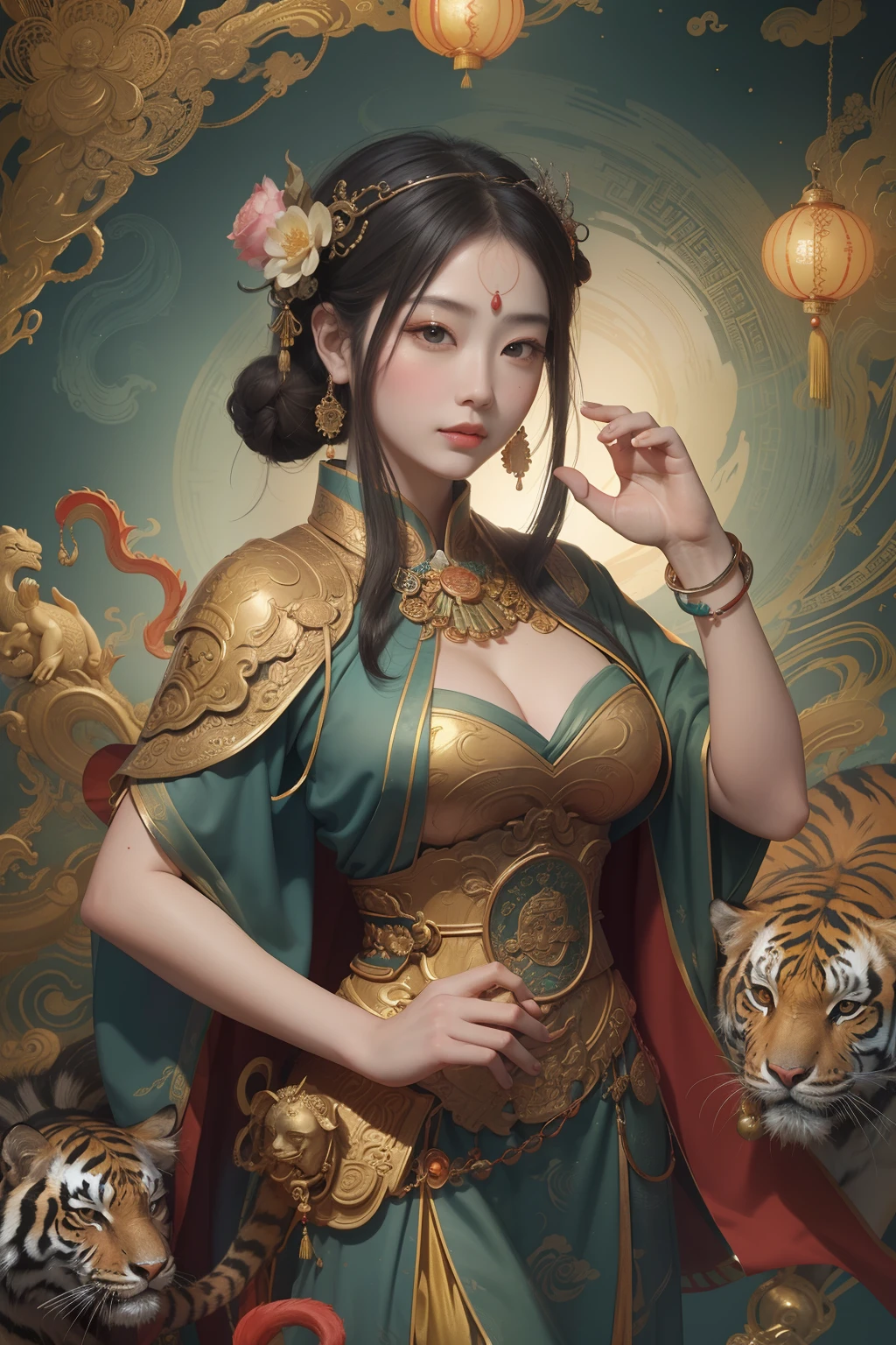 an ancient Chinese goddess, guanyin of the southern seas, Guanyin, Inspired by China, Avalokiteshvara rides a tiger,,Serene expression,shui mo hua,Buddha,Buddhist,Lotus,Chinese painting style,Thangka style