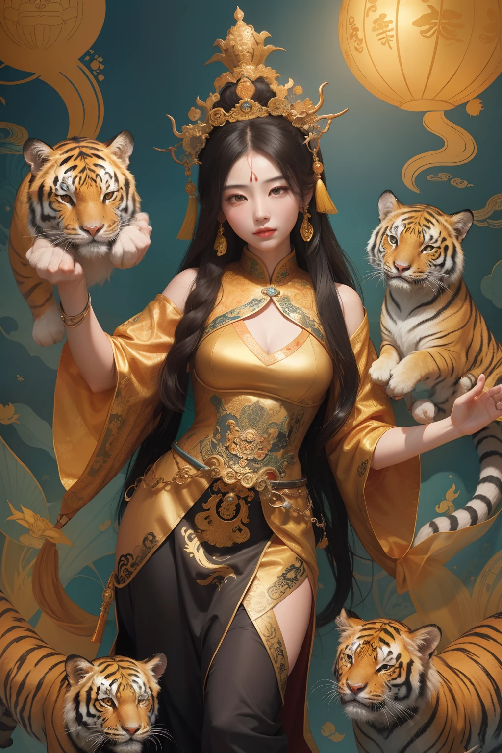 an ancient Chinese goddess, guanyin of the southern seas, Guanyin, Inspired by China, Avalokiteshvara rides a tiger，,Serene expression,shui mo hua,Buddha,Buddhist,Lotus,Chinese painting style,Thangka style