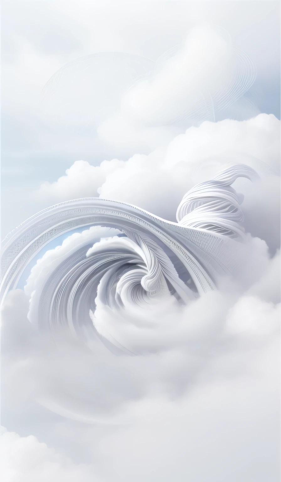 A vortex made up of countless cylindrical fibers, Rush out of the picture,White cloud, spiral clouds, Cloud, a dragon made of clouds, cloud vortex, clouds swirling, cloud goddess, ascending form the sky, whorl. Clouds, harmony of swirly clouds, white biomechanical details, futuristic and ethereal, soft 3d render