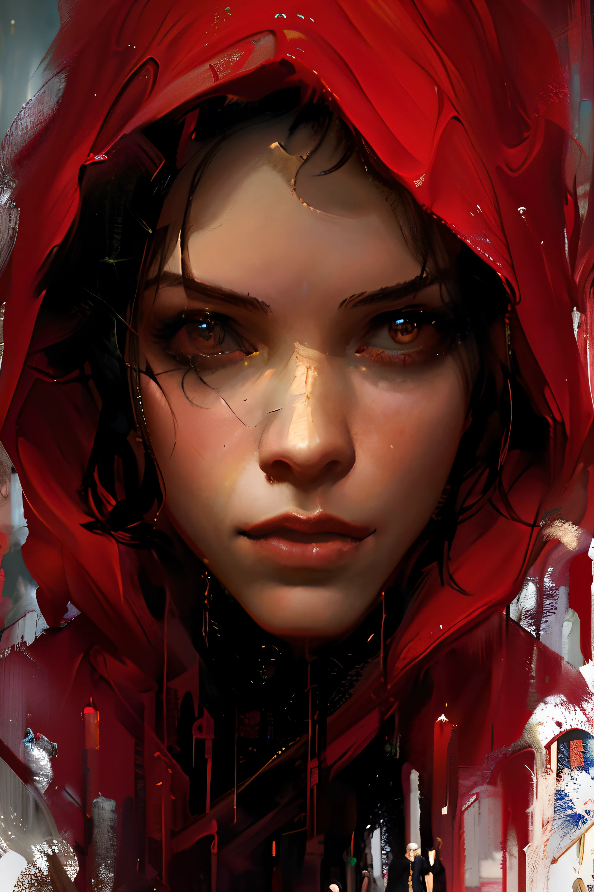 a painting of a woman with a red hoodie on, painted by andreas rocha, beautiful character painting, wadim kashin. ultra realistic, by Slawomir Maniak, style of raymond swanland, artgerm craig mullins, expressive beautiful painting, by Grzegorz Domaradzki, art of alessandro pautasso, by Carlos Berlanga