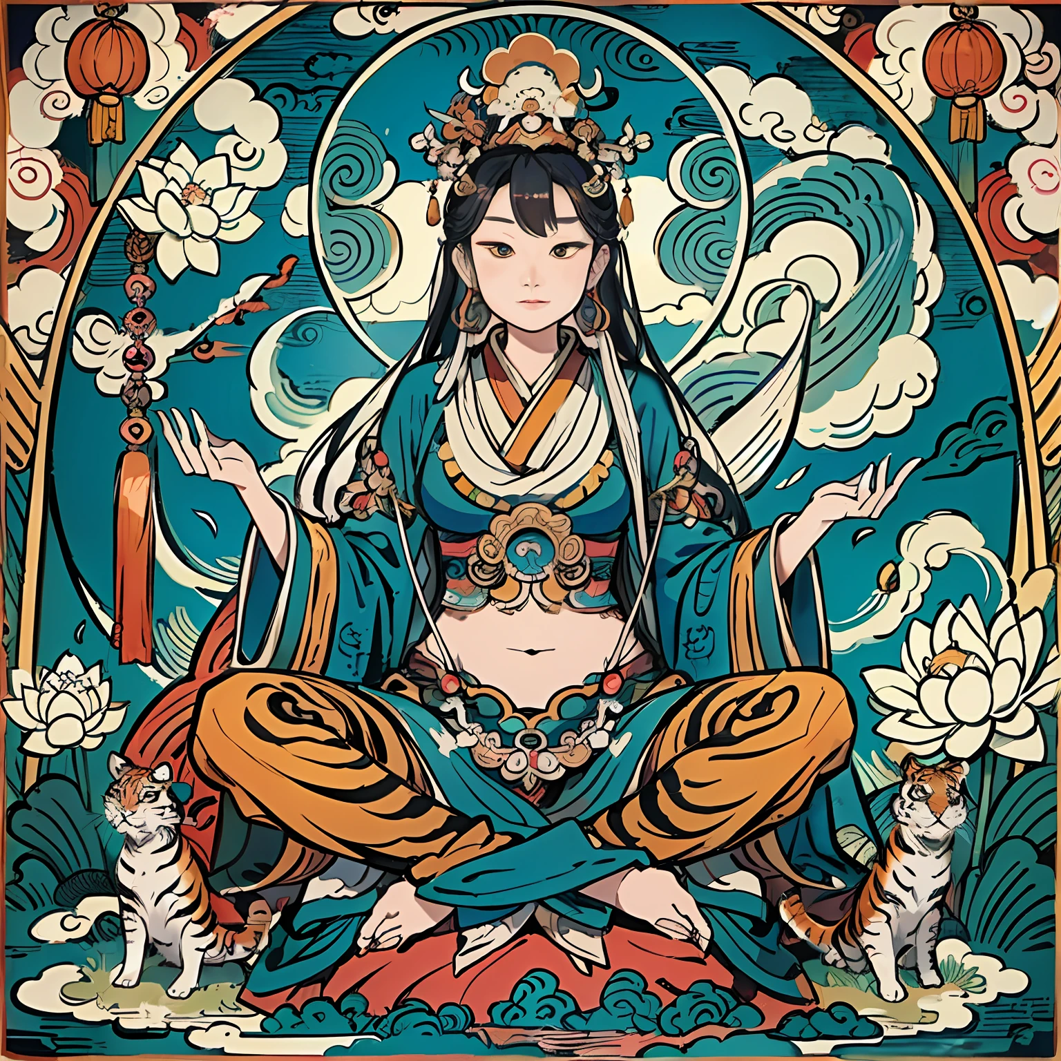 an ancient Chinese goddess, guanyin of the southern seas, Guanyin, Inspired by India, Avalokiteshvara Bodhisattva Tiger,,Serene expression,shui mo hua,Buddha,Buddhist,Lotus,Chinese painting style,Thangka style