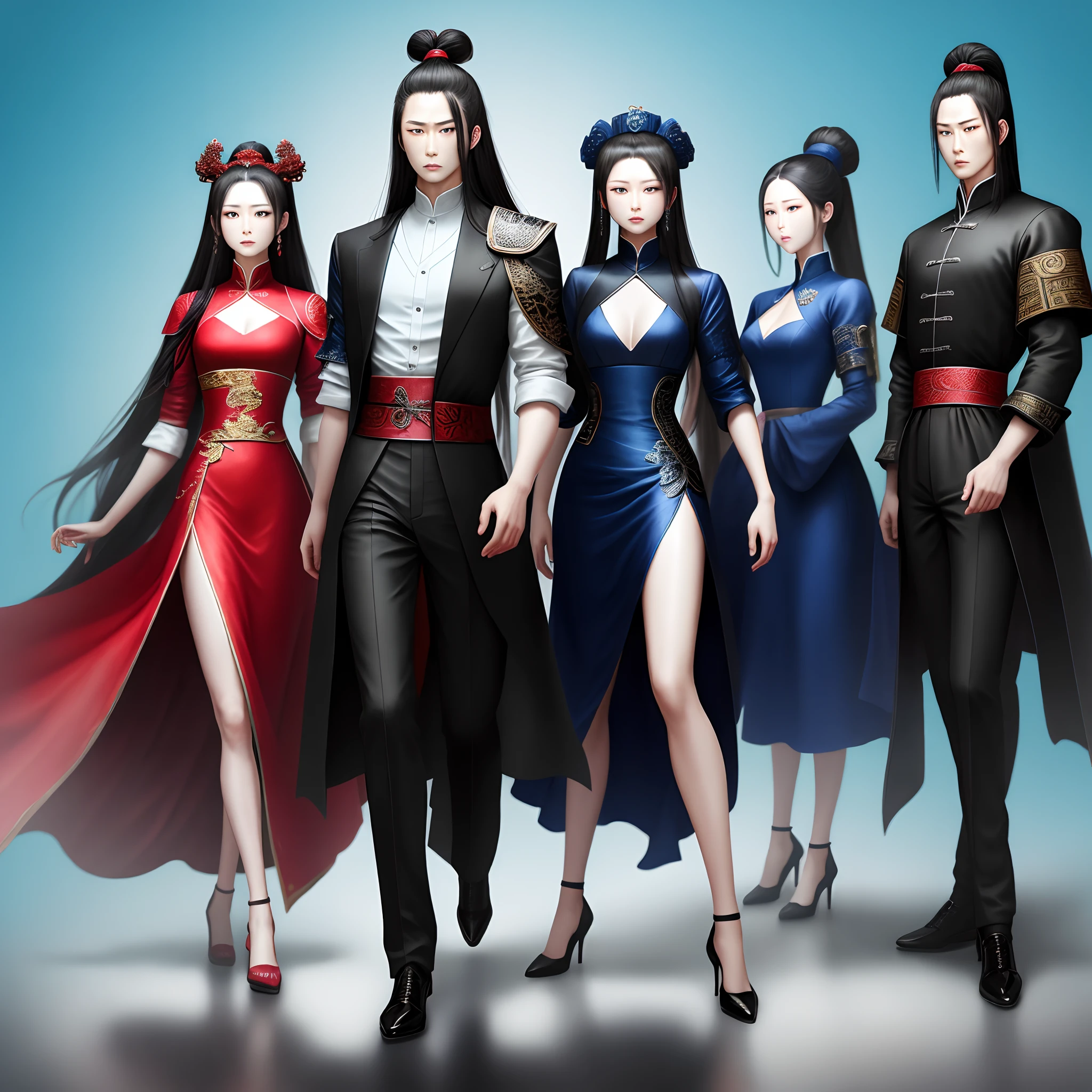 （tmasterpiece、best qualtiy、A high resolution），blue backdrop，Three Kingdoms Killing Style Royal Sister Fan，Tall and tall，Wear black silk heels，Black flowing hair，Frontal whole body