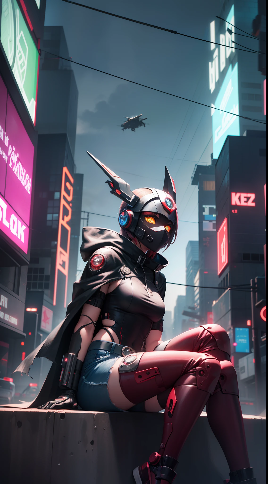 A girl, wearing a black-red glowing techpunkmask with yellow eyes shining, dressed sexy, with a futuristic pistol hanging from the left and right of her waist, a mechanical prosthesis in her right hand, a red torn cloak swaying in the wind, next to a small aerial vehicle with a complex structure, night, a ruined cyberpunk city in the apocalypse, girl sitting on this big neon billboard, lifelike, best picture quality, highest definition and clarity, original, surreal, high detail, futuristic, Action painting, chiaroscuro, cinematic lighting, ray tracing, reflected light, denim lens, f/4.0