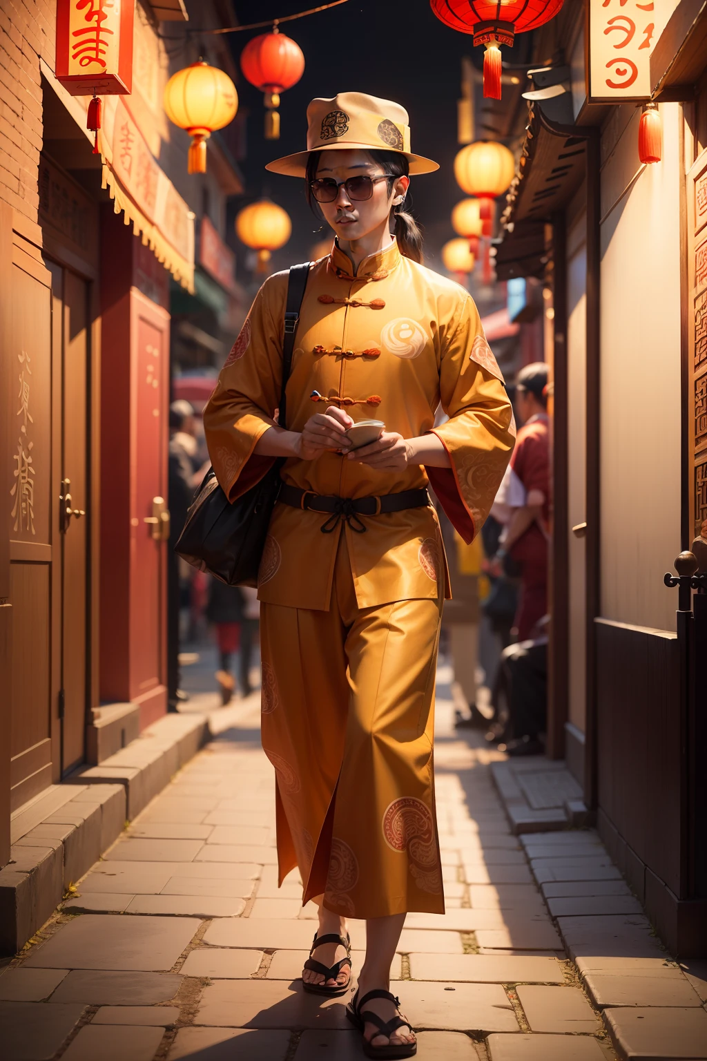 Ancient Chinese numerologist，Tang costume，sunglasses，street，Evening moment，Brick Road