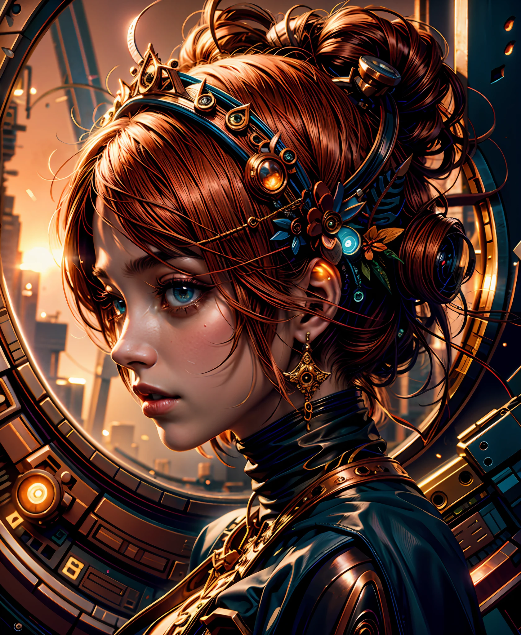 official art, unity 8k wallpaper, cyberpunk copper colors, ultra detailed, beautiful and aesthetic, High quality, beautiful, masterpiece, best quality, (zentangle, mandala, tangle, entangle:0.6),