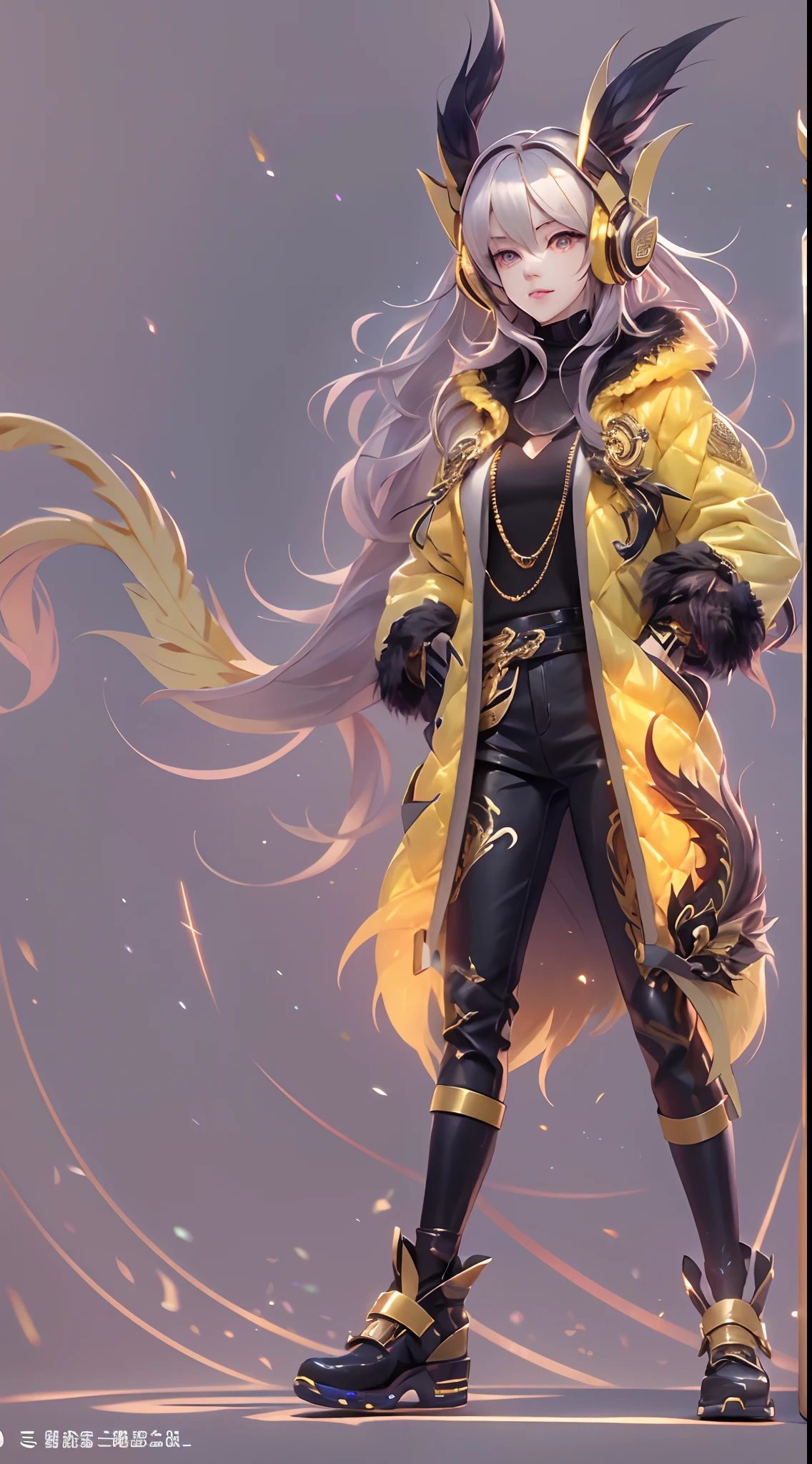 Kasha，Hold the viewer's hand with your back to the camera，sideface，Asymmetrical face shape，Fluorescent headphones hang behind your hair，Black fur coat，Decorated with a gold dragon motif，Detailed depiction，The upper part of the body，城市，best qualityer，16k high resolution wallpaper，