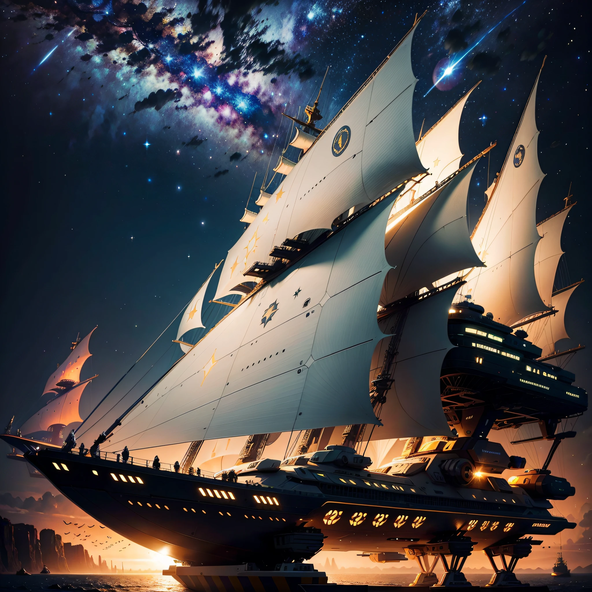 best quality, masterpiece,  (realistic:1.2), solar ship, spaceship, laser gun, war, galaxy, glowing, in the night sky, full of stars, very detail, ultra-high resolution, ultra-high quality,