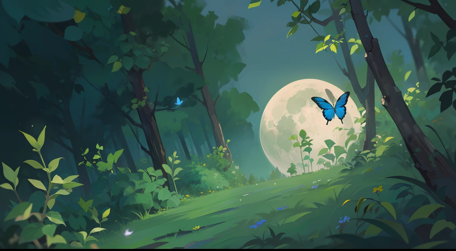 (masterpiece), best quality, ultra high res, sharp focus, a butterfly lost in the forest, at night time:1.2), full moon, (cool pastle tone)