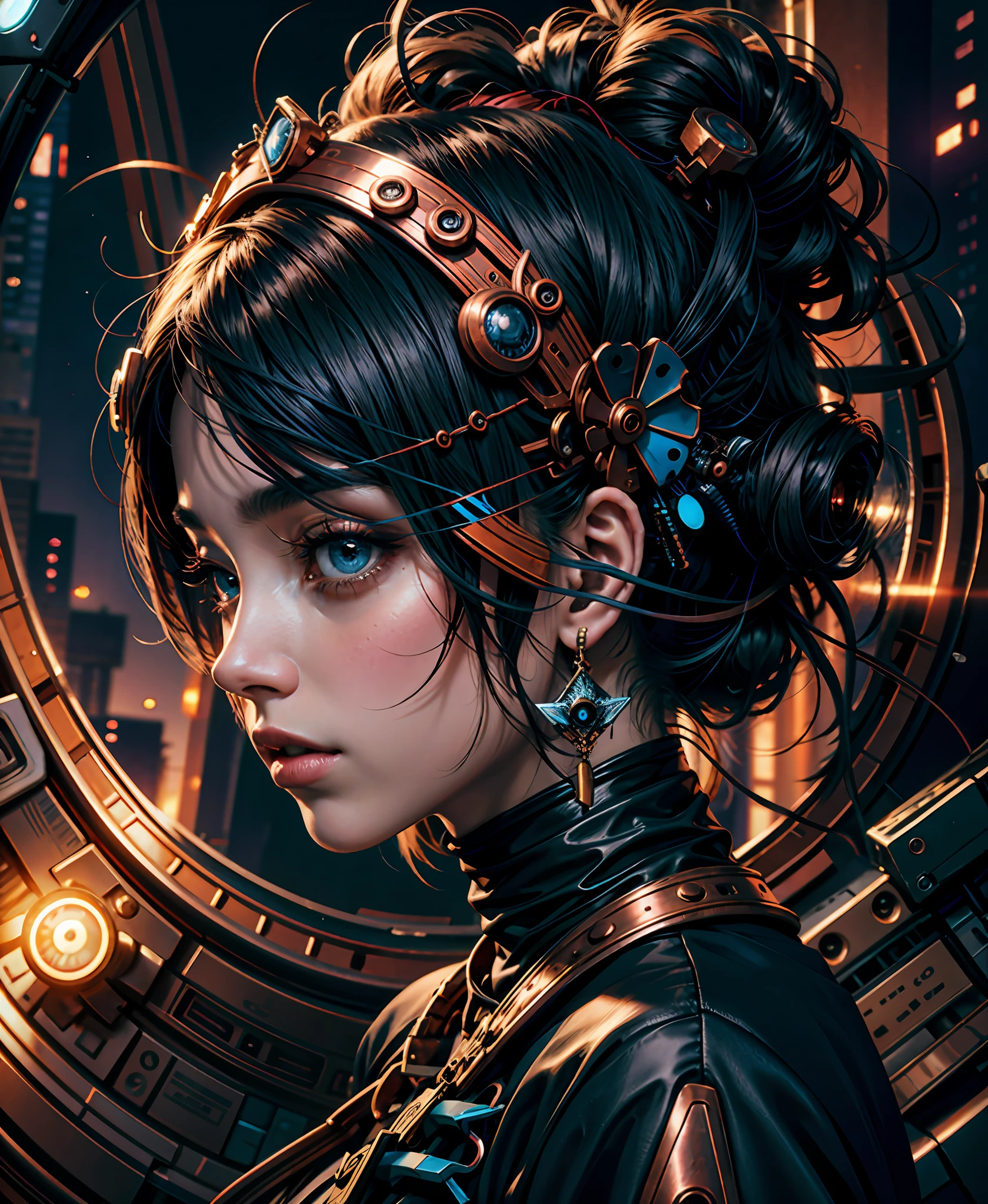 official art, unity 8k wallpaper, black hair, blue-black blouse, cyberpunk copper colors, ultra detailed, beautiful and aesthetic, High quality, beautiful, masterpiece, best quality, (zentangle, mandala, tangle, entangle:0.6),