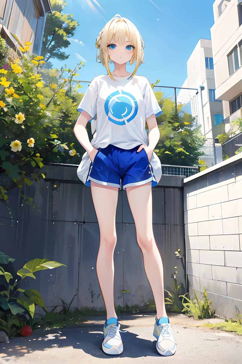 A teenage girl，coiffed blonde hair ，The sun shines，blue colored eyes，combed hair，long whitr hair，White top pajamas，Bottoms super shorts，athletic sneakers，Put your hands in your pockets，standing on your feet，full bodyesbian