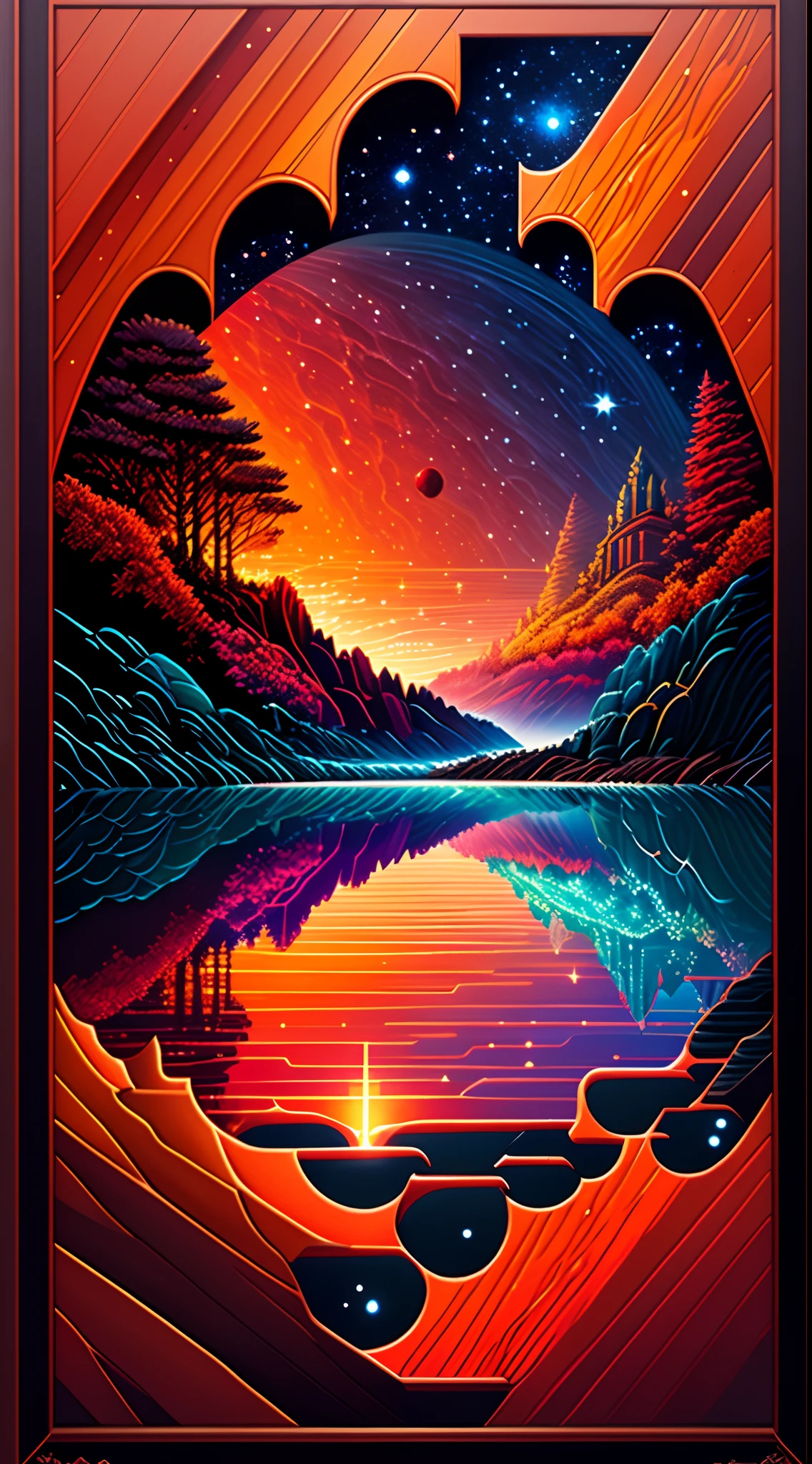 Beautiful earth full of water and lava, Intricate, Masterpiece, expert, insanely details, 4K, composition, The frames, Centered, symetry, picure, Intricate, voluminetric lighting, Beautiful, rich deep colors masterpiece, Sharp focus, Ultra detailed, in the style of dan mumford and marc simonetti, astrophotography