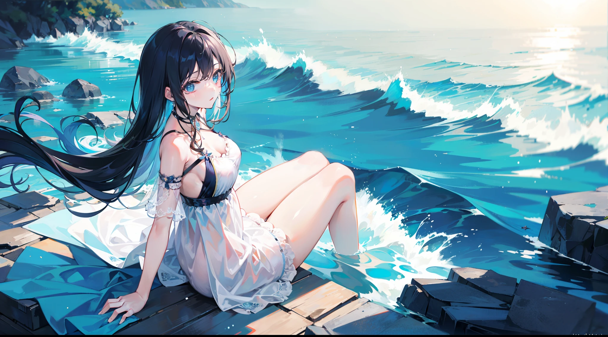 Girl immersed in the ocean,a sense of atmosphere