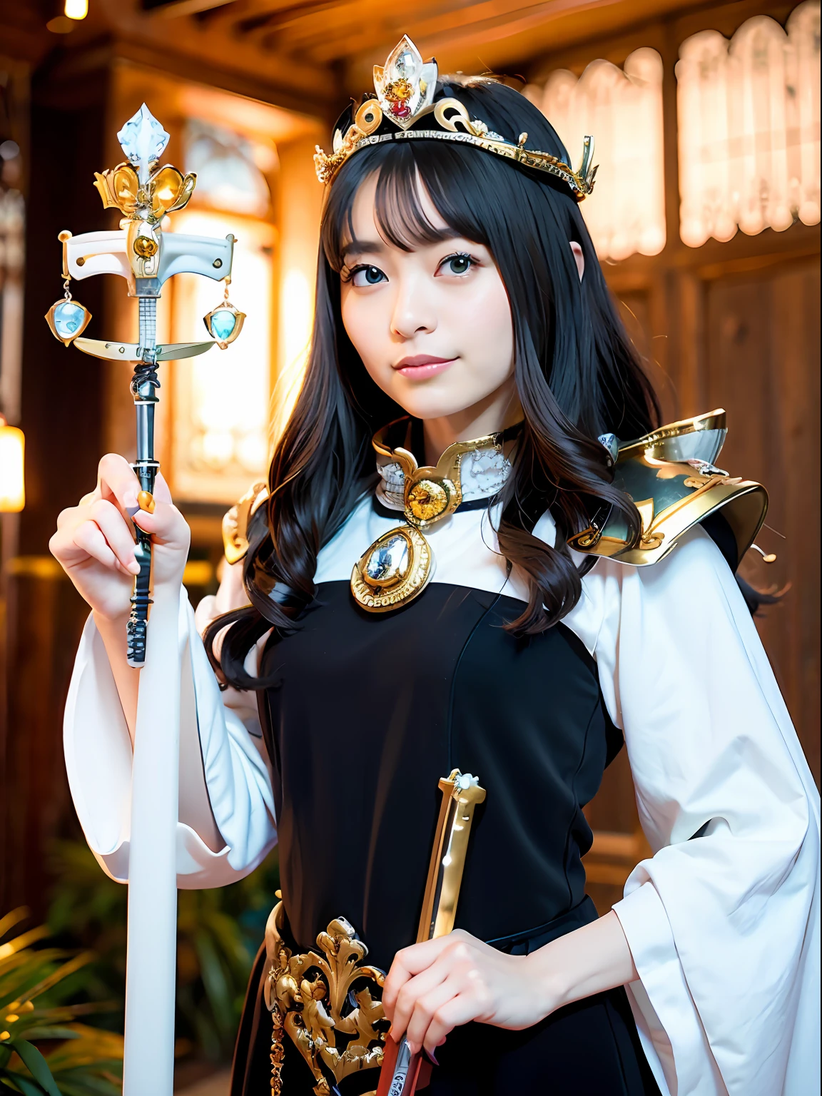 (masutepiece), Professional , masterpiece、top-quality、photos realistic , depth of fields (Gemstone Silver Metal Body:1.9),(Matte White、Jewel Gold Weapon(Jewel Metal Body:1.4),Gorgeous metal weapons ,(Swarm of goblins)、 Detailed Sword of the Brave , Beautiful knife ,warhammer 40k , adepta sororitas,Detail and ornate jewel crown、Black hair、Gangle's forest background、Beautiful Caucasian beauty、1a person、dynamic ungle,(((Detailed and ornate diamond crown)))、Smaller head、A smile、Take a sexy pose、Background inside the castle、Thin and beautiful female hands、Cyan light particles、