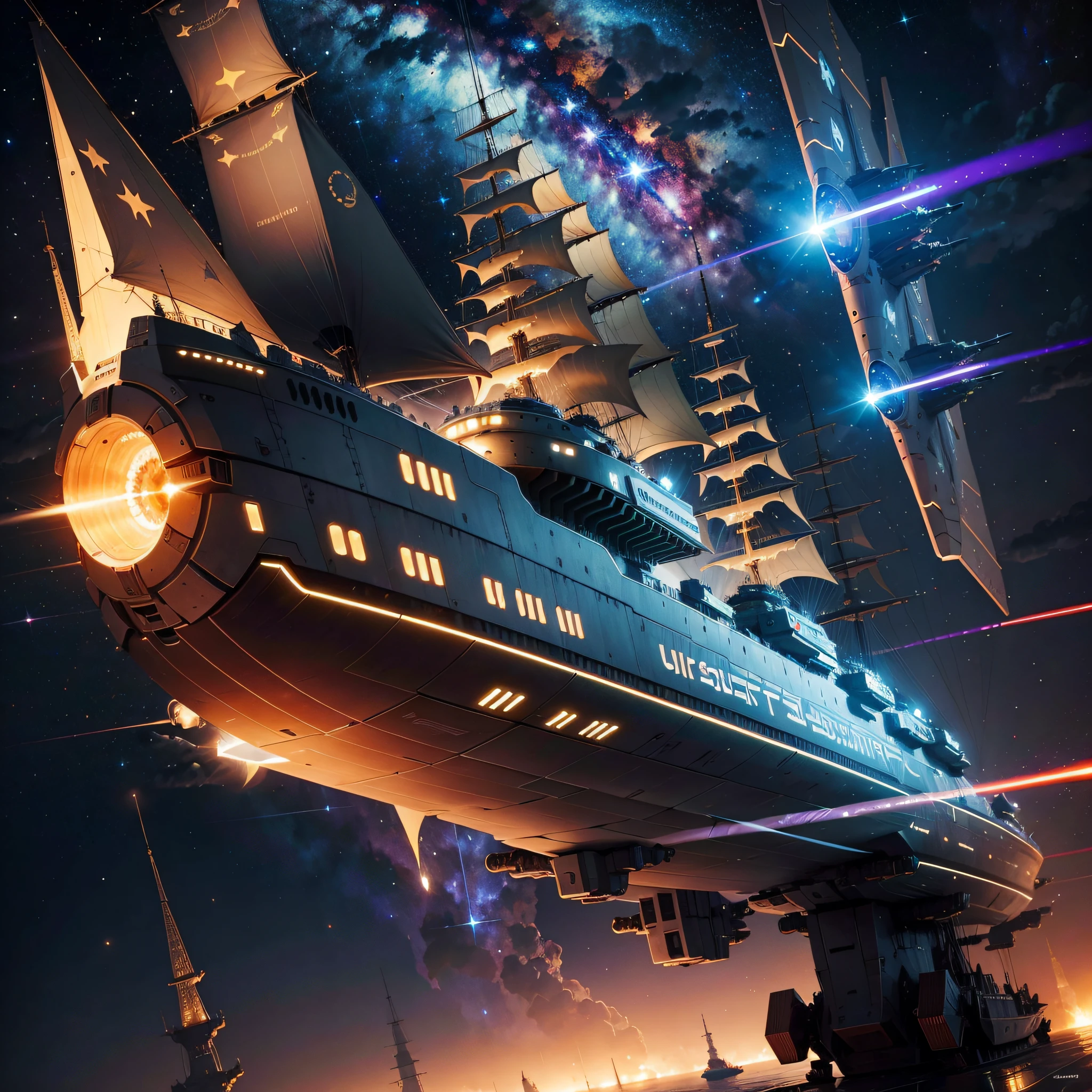 best quality, masterpiece, (realistic:1.2), solar ship, spaceship, laser gun, war, galaxy, glowing, in the night sky, full of stars, very detail, ultra-high resolution, ultra-high quality,