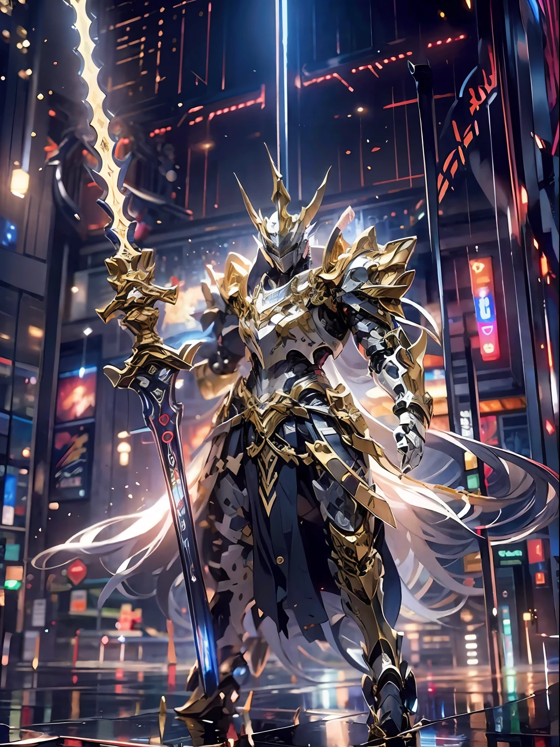 ultra wide shot, full body shot, (masterpiece, best quality), A paladin holding a light infused sword, light magic, divine, magewave, silver and gold, 4k, dark cityscape, Fujifilm, Beautiful detail background, Ultra detailed, Great composition, movie lights