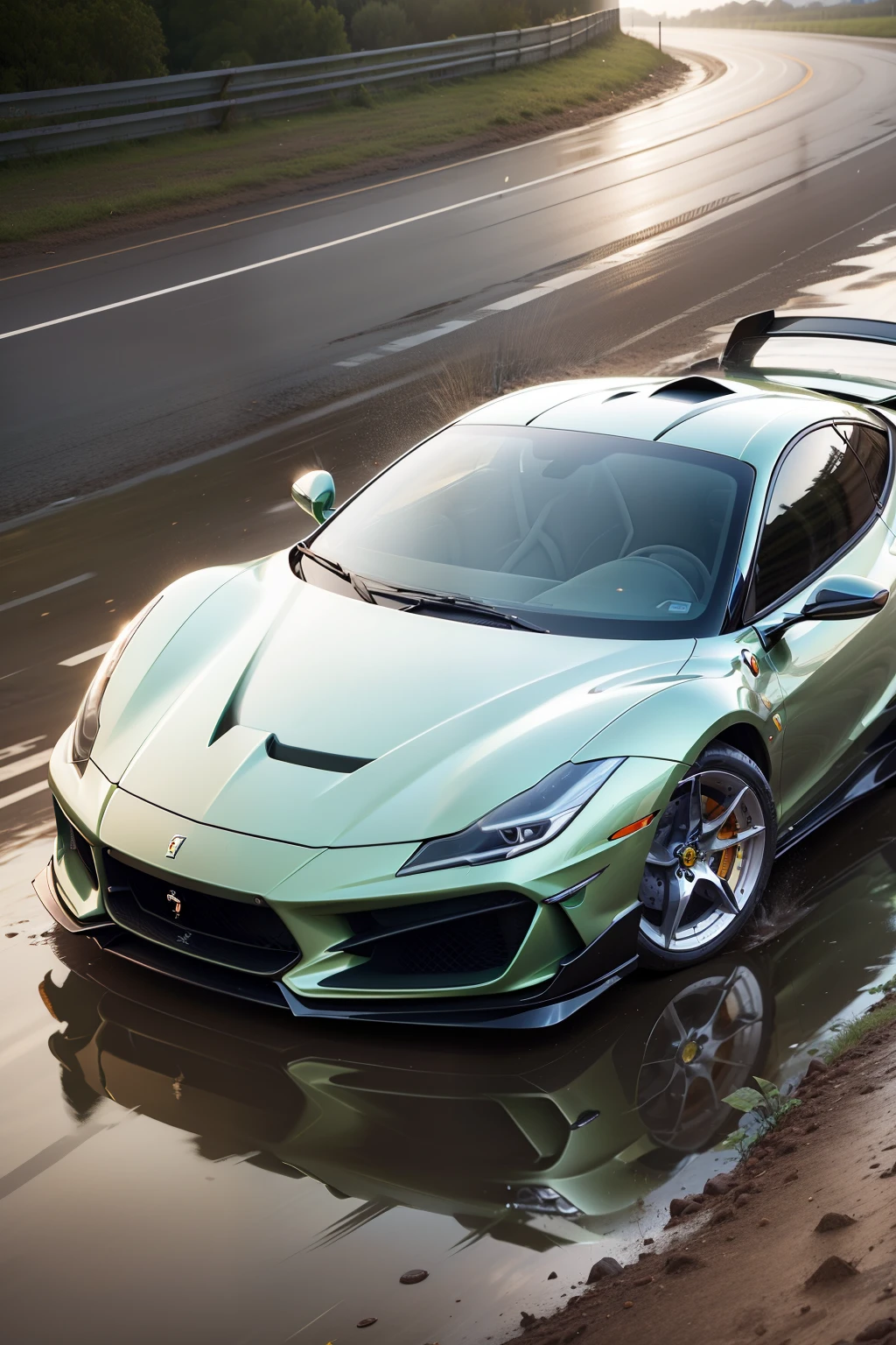 a ferrari verdi driving through the muddy road