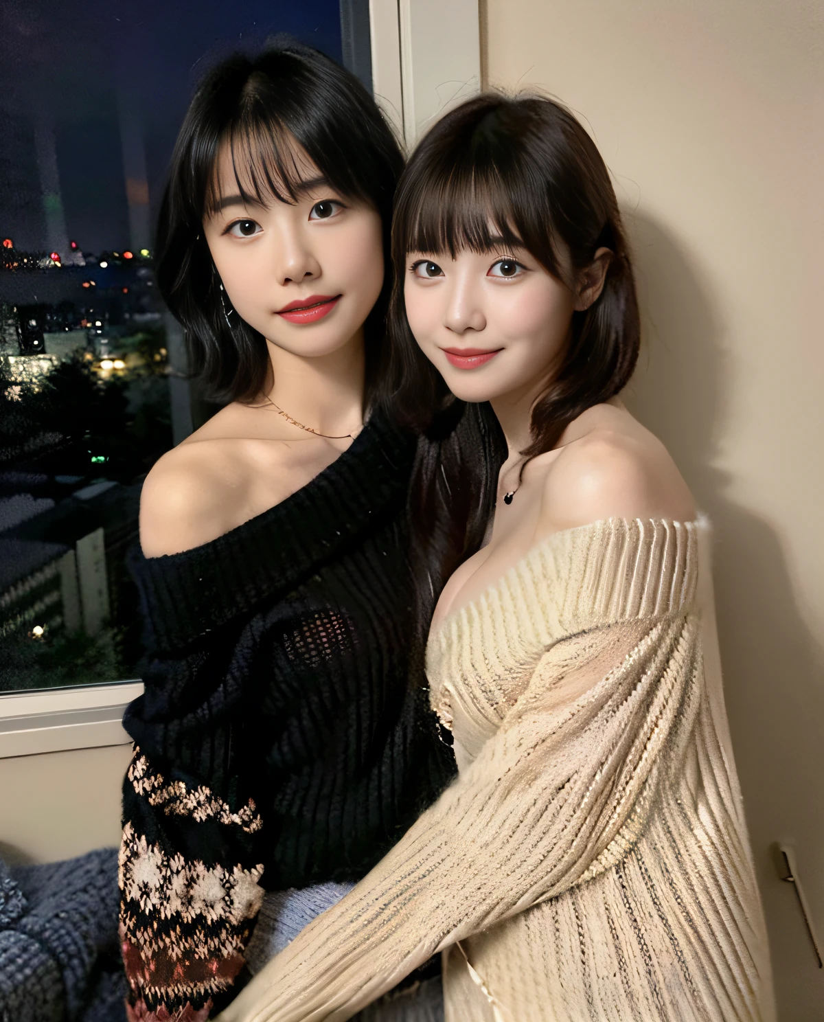 (8K、RAW Photos、top-quality、masterpiece:1.2)、(realisitic、Photorealsitic:1.37)、女の子1人、japanes、25-years old、femele、(deep in the night)、Moon Night、a room、cityscape visible from window、high key lighting、Studio Lighting、face lights、(Angle from the front)、photon maping、Radio City、(full body Esbian)、(fullnude)、dark brown hair、详细的脸、Detailed lips、detailedeyes、More skin、二重まぶた、(Colossal tits:1.4)、(off-the-shoulder sweater)、(no brassiere)、(no panty)、a necklace、(cammel toe)、perfectbody、shinny skin、(to stand)、((Off-Shoulder Sweater Lift:1.5))、smirking face、Make eye contact with the camera