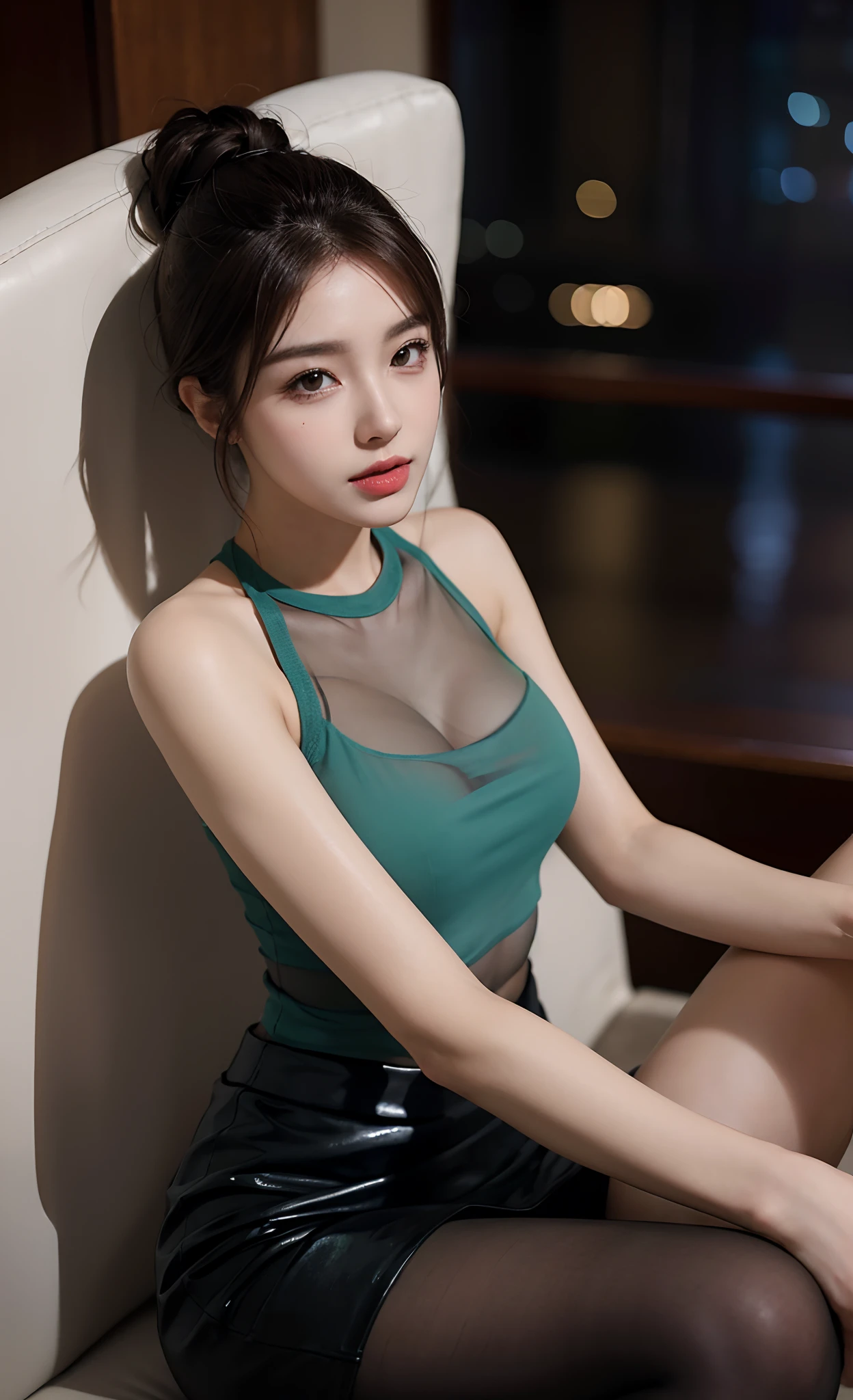 ((Realistic lighting, Best quality, 8K, Masterpiece: 1.3)), Clear focus: 1.8, 1 Pretty girl, ((Idol KPOP: 1.3)), Perfect beauty: 1.4, Slim abs: 1.1, ((dark brown hair)), exquisite facial features, body shirt, open shirt show, bath, water stains, drenched , ((Naked)), see through, transparent sexy, fantasy XIV, Short skirts, slim figure, (indoor, Night: 1.3), Five star Hotel view city, Super fine face, Fine eyes, Double eyelids,
