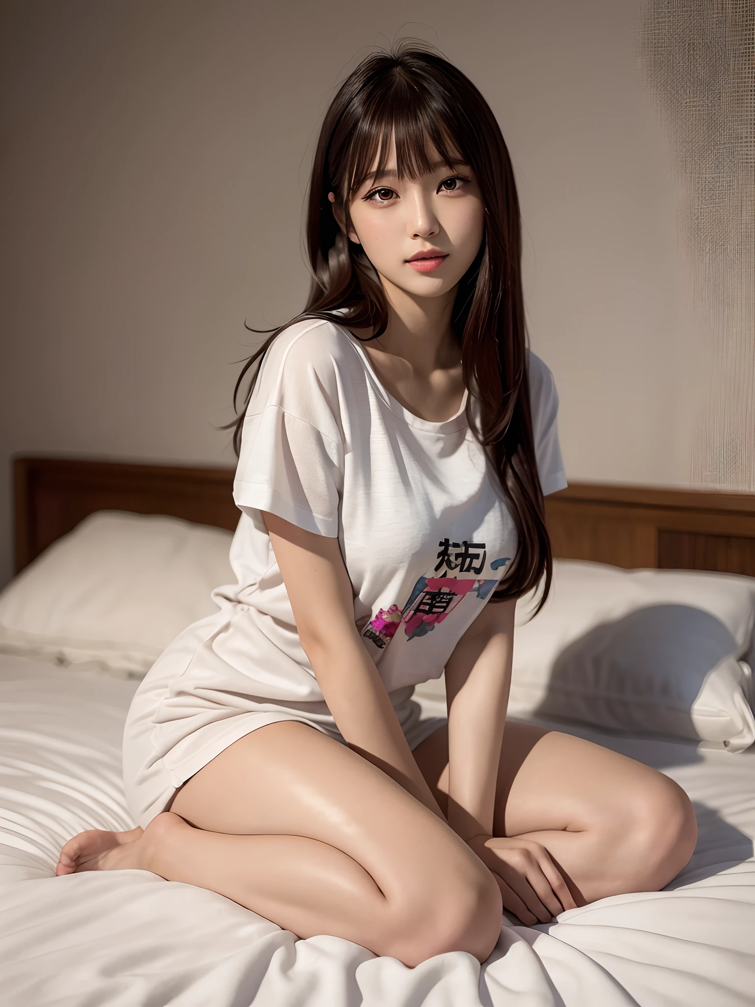 Innocent -yeld gi(Wearing pajamas)、Sitting in the room、A Smile、Raw foto, (8K、Top  Quality、​masterpiece:1.2)、(delicate detail:1.4)、(Photorealcitic:1.4)、octan render、Complex 3D rendering, Ultra-detail, Studio Soft Light (Studio Soft Light) (Studio Soft Light (Studio Soft Light)), Rim Light, vibrant details, Super detailing, Realistic Skin Textures, Detail Face, Beautiful detail eyes, Highly detailed CG Unity 16k wallpapers, Makeup-, (detailed background:1.2), shinny skin、turned around、exposed thighs!!!、