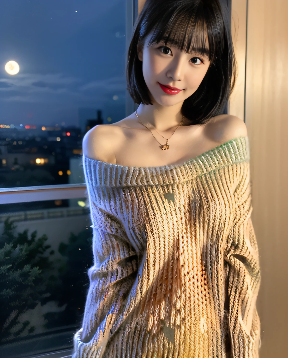 (8K、RAW Photos、top-quality、masterpiece:1.2)、(realisitic、Photorealsitic:1.37)、女の子1人、japanes、25-years old、femele、(deep in the night)、Moon Night、a room、cityscape visible from window、high key lighting、Studio Lighting、face lights、(Angle from the front)、photon maping、Radio City、(full body Esbian)、(fullnude)、dark brown hair、详细的脸、Detailed lips、detailedeyes、More skin、二重まぶた、(Colossal tits:1.4)、(off-the-shoulder sweater)、(no brassiere)、(no panty)、a necklace、(cammel toe)、perfectbody、shinny skin、(to stand)、((Off-Shoulder Sweater Lift:1.5))、smirking face、Make eye contact with the camera