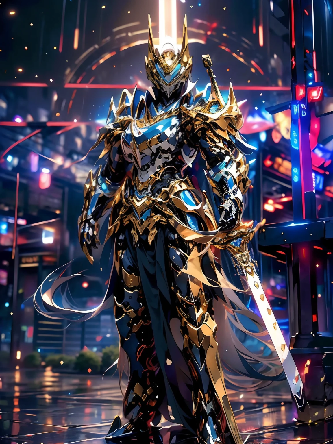 ultra wide shot, full body shot, (masterpiece, best quality), A paladin holding a light infused sword, light magic, divine, magewave, silver and gold, 4k, dark cityscape, Fujifilm, Beautiful detail background, Ultra detailed, Great composition, movie lights