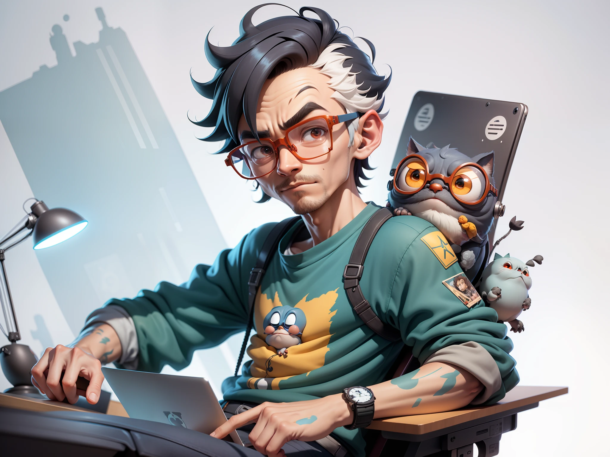 A young man with glasses sits at his desk，holding laptop，digitial painting，3D character design by Mark Clairen and Pixar and Hayao Miyazaki and Akira Toriyama，4K HD illustration，Very detailed facial features and cartoon-style visuals。