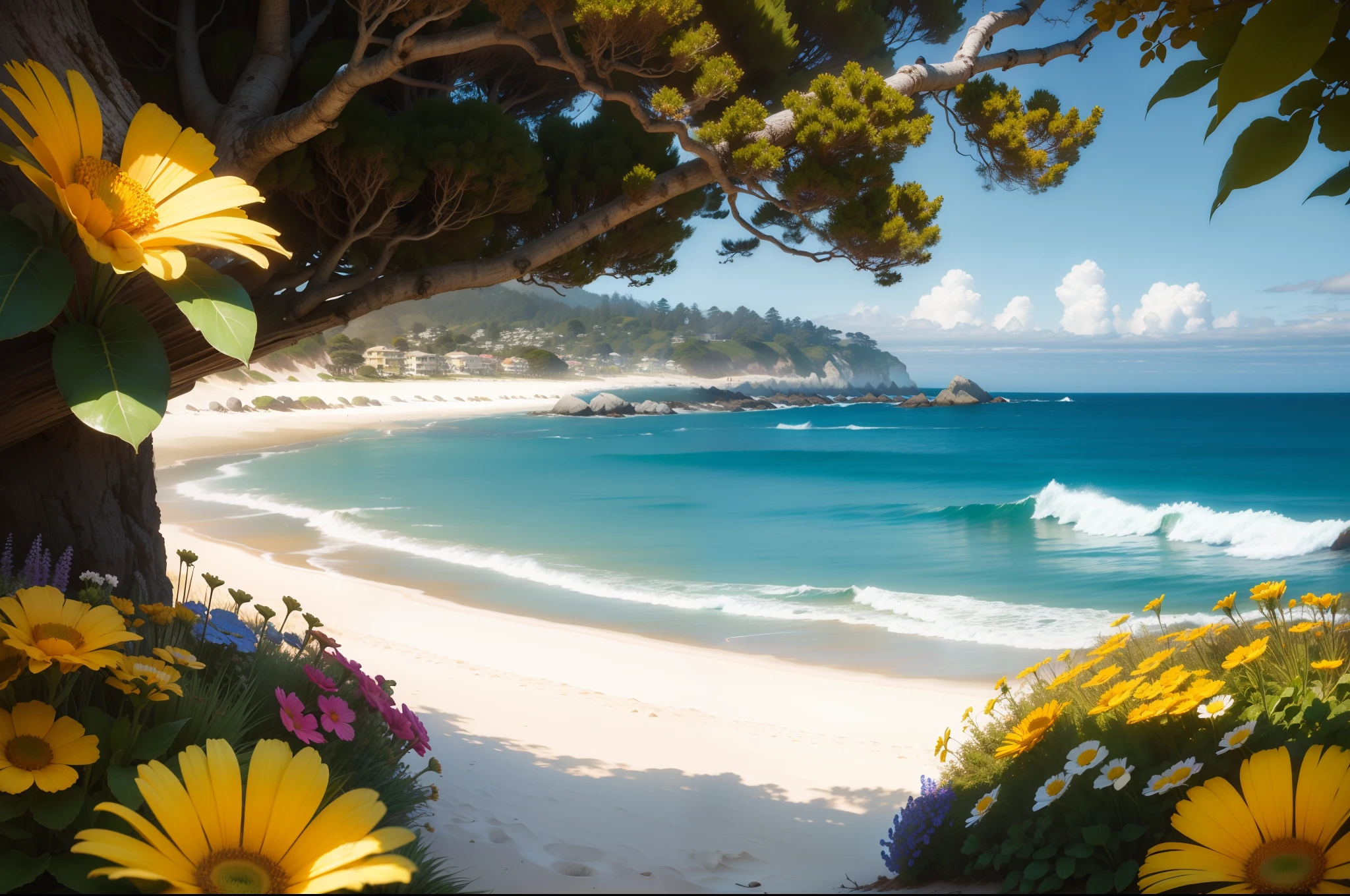 Carmel Beach, California, flowers, colorful, bright day, high quality, cinematic quality, high resolution, very detailed, high definition, hyperrealism, photorealistic, professional photography, excellently drawn, professionally drawn, beautiful