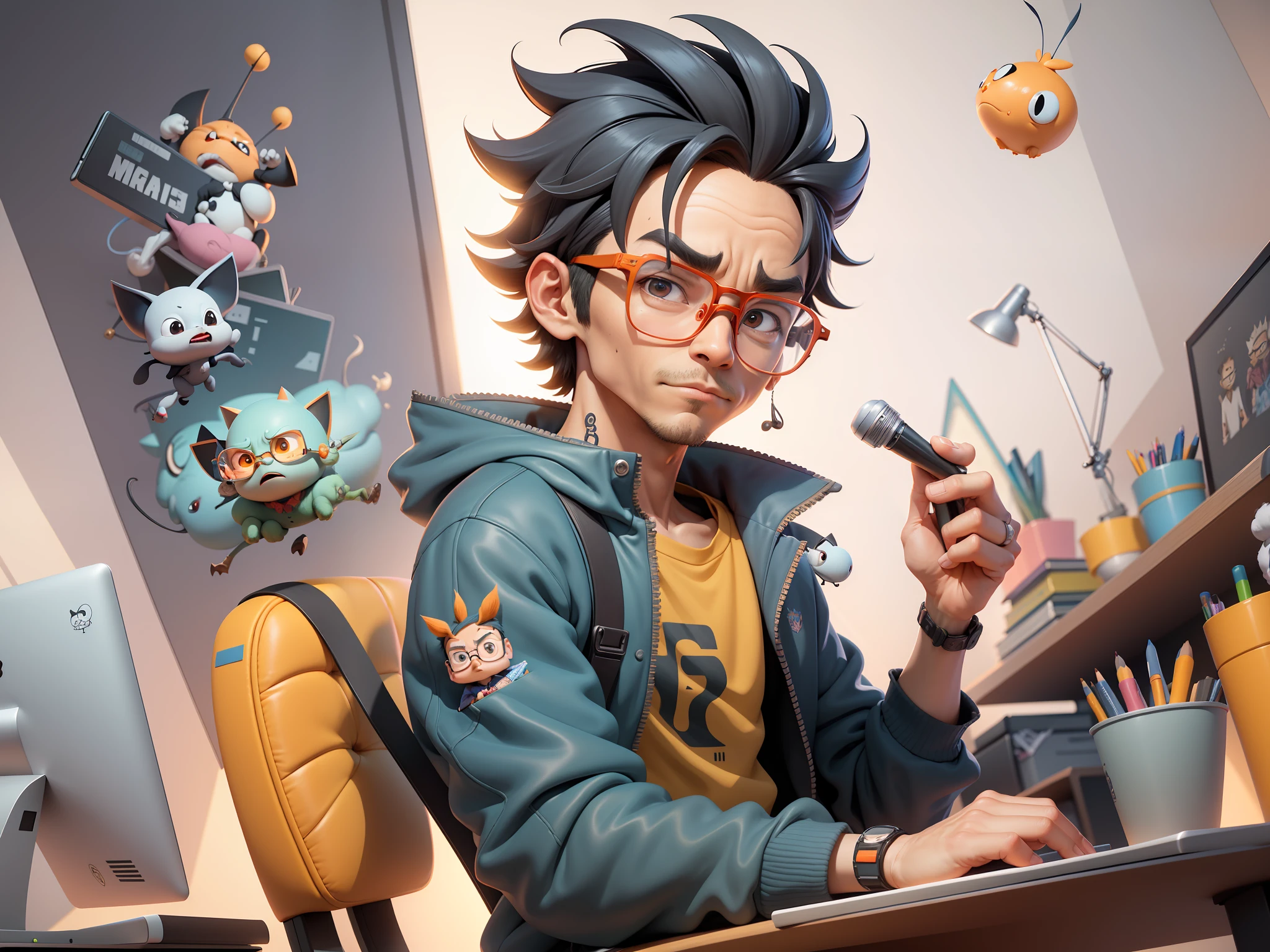 A young man with glasses sits at his desk,holding laptop,digitial painting,3D character design by Mark Clairen and Pixar and Hayao Miyazaki and Akira Toriyama,4K HD illustration,Very detailed facial features and cartoon-style visuals。