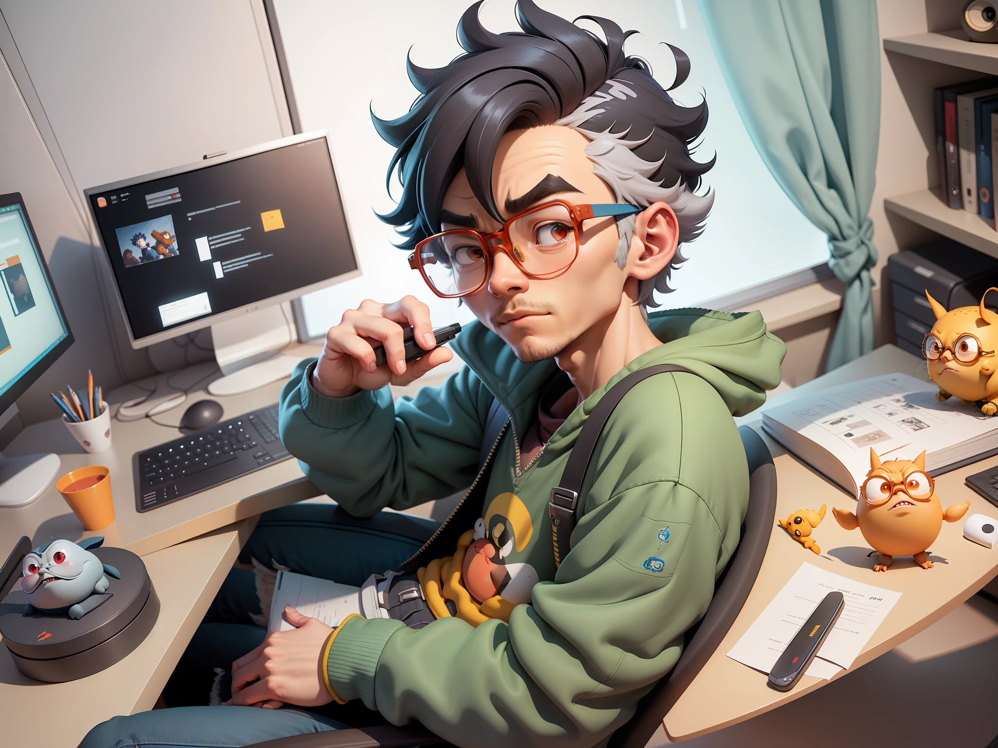 A young man with glasses sits at his desk，holding laptop，digitial painting，3D character design by Mark Clairen and Pixar and Hayao Miyazaki and Akira Toriyama，4K HD illustration，Very detailed facial features and cartoon-style visuals。
