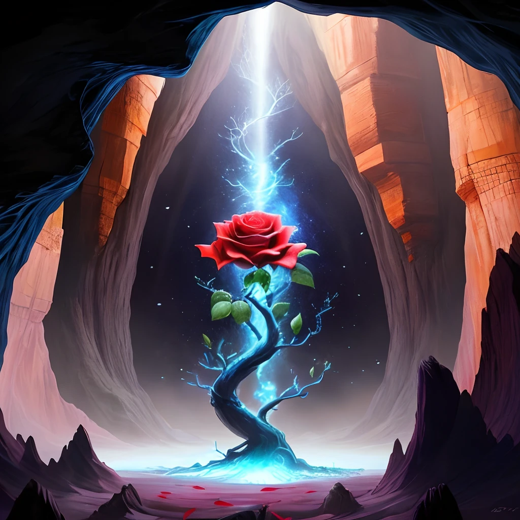 A beautiful rose with a thousand red petals as big as a giant tree that lives on a branch with its leaves and thorns in a cave and emits a magical blue vibration in its surroundings.