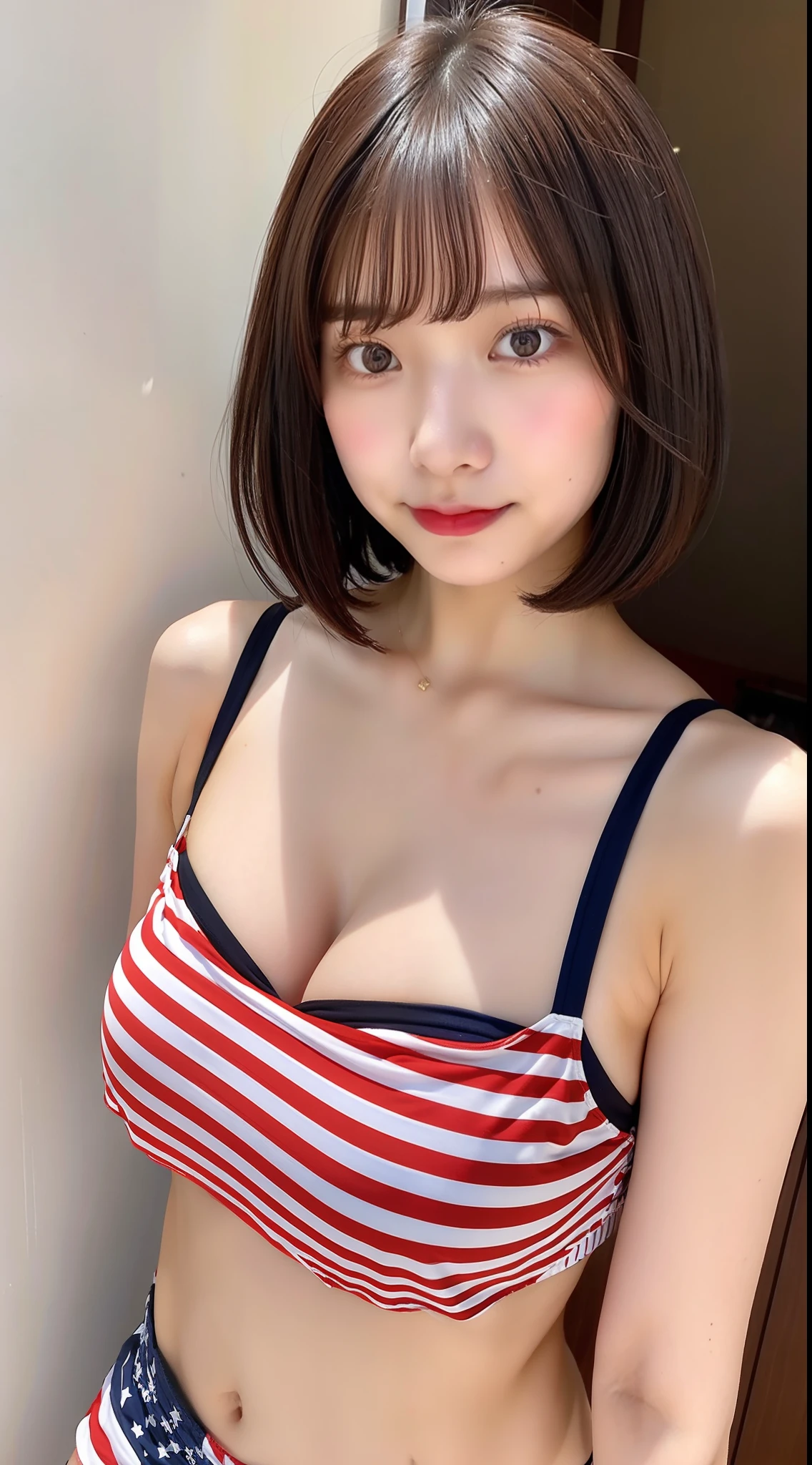 1girl in、japanaese girl、22year old、short-hair、Dark blond hair、Ahoge、American flag bikini top only、Low-rise shorts、big breasts、cleavage of the breast、sullenness、kawaii、