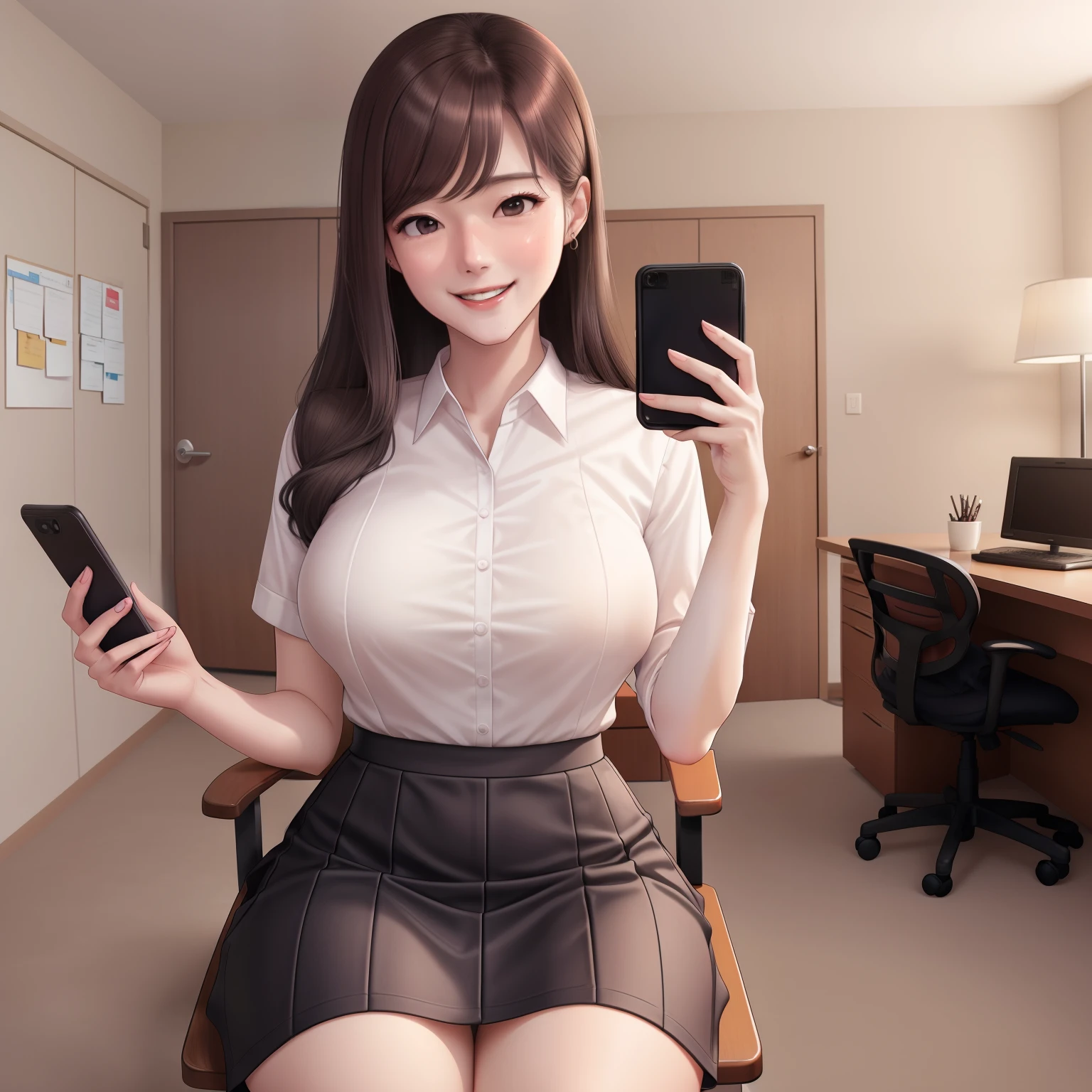 girl,office lady assistant, he tall,sexy pose office lady assistant,long wet brown hair,super big breast,(P cup),age 18,happy and smile detailed face,sexy office lady assistant long wet shirt, and skirt outfit,full body,red peach lips,sitting on chair and playing cellphone and selfie pose tongue stuck out on my office,her nose and cheek was red in home,