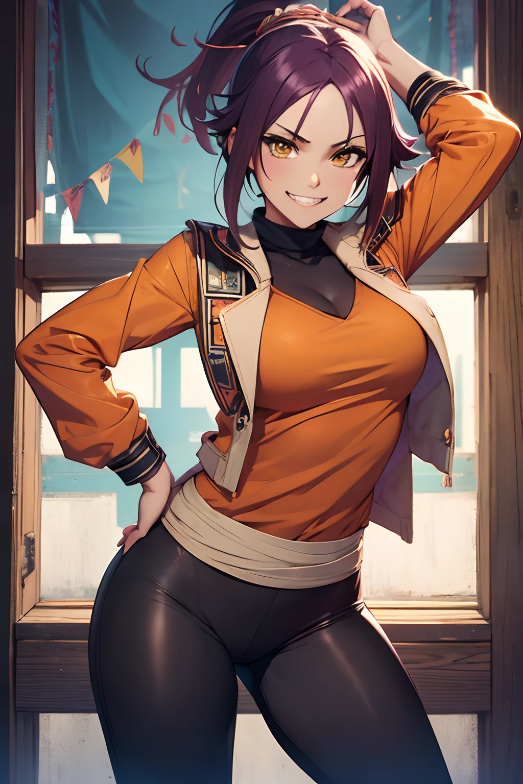 (masterpiece, best quality:1.2), cowboy shot, solo, 1girl, shihouin yoruichi, grin, looking at viewer, hands on hips, ponytail, orange shirt, long sleeves, black pants