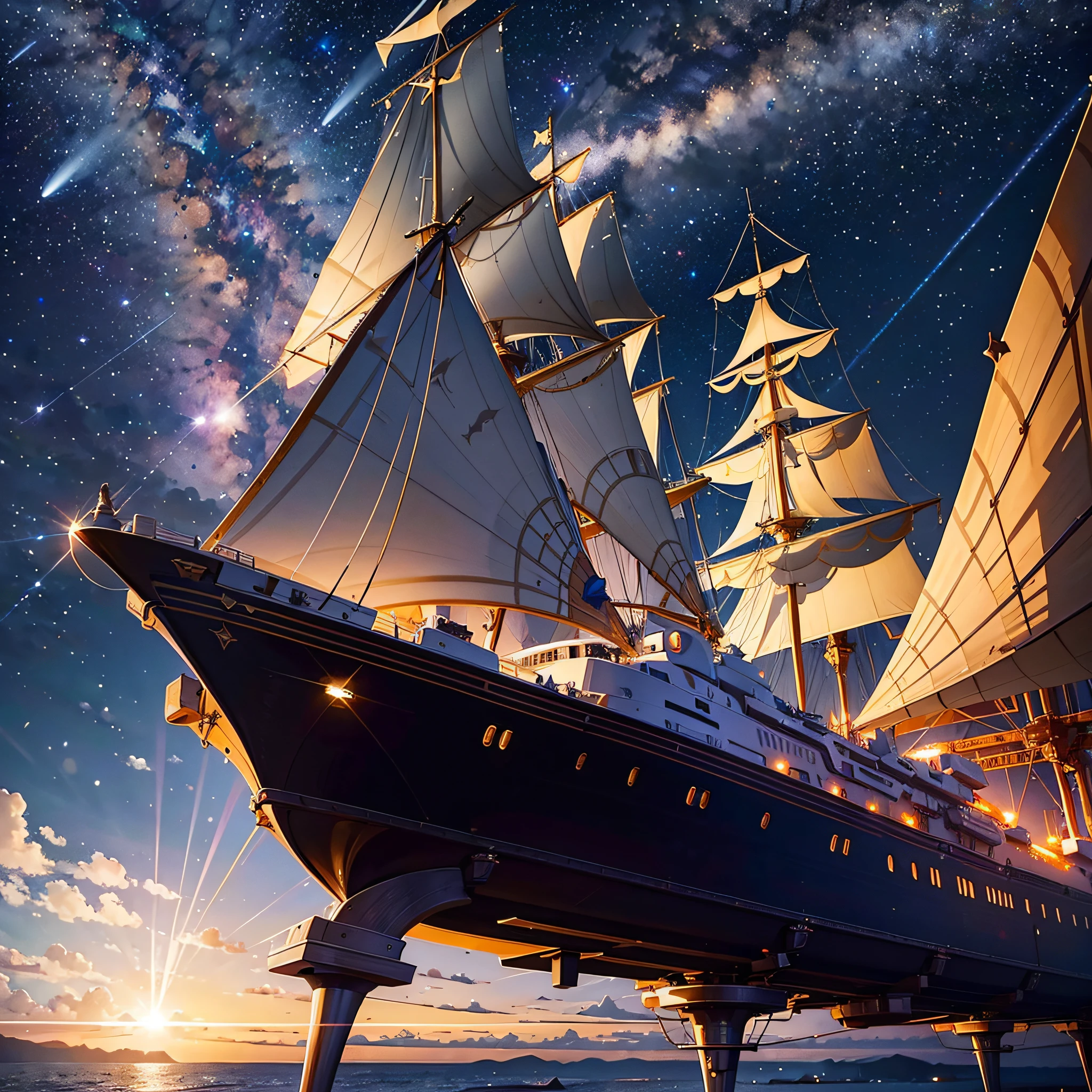 best quality, masterpiece, (realistic:1.2), solar ship, spaceship, laser gun, war, galaxy, glowing, in the night sky, full of stars, very detail, ultra-high resolution, ultra-high quality,