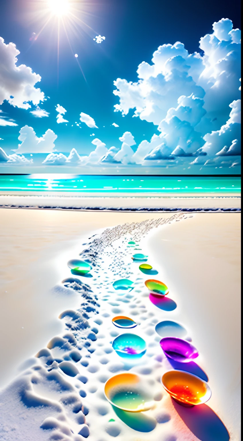 Exquisite scenes,depth of fields,8K,The ivory sky,White clouds,The sun shines on the snow-white sand。The coral sea,There are many colorful wine glasses and bottles on the beach,