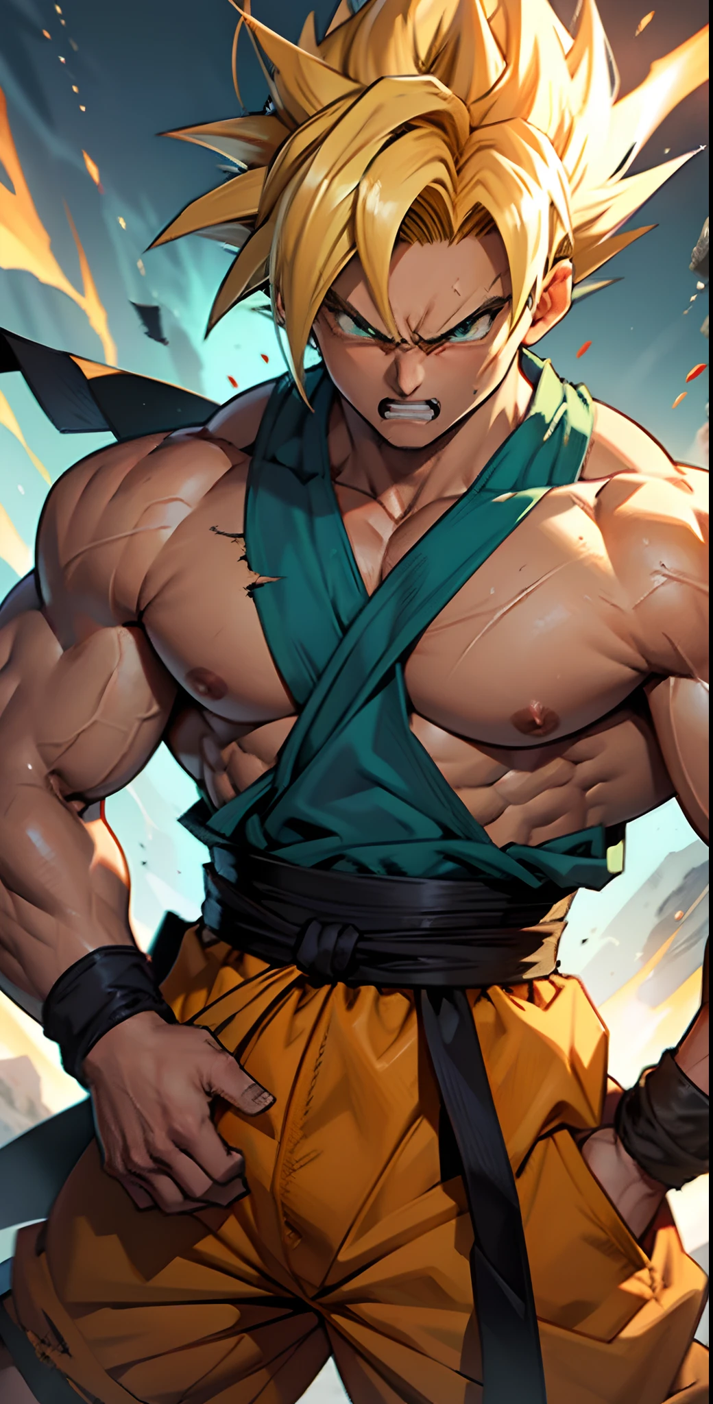 son goku, 1boy, angry, battle damage, blonde hair, blue sash, clenched teeth, furious, green eyes, male focus, muscular, muscular male, pectorals, sash, solo, spiked hair, super saiyan, super saiyan 1, teeth, topless male, torn clothes, wristband, ((masterpiece))