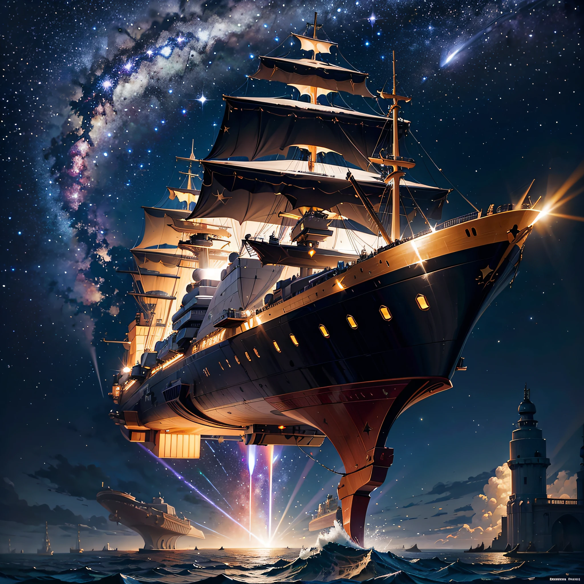 best quality, masterpiece, (realistic:1.2), solar ship, spaceship, laser gun, war, galaxy, space, black hole, glowing, in the night sky, full of stars, very detail, ultra-high resolution, ultra-high quality,