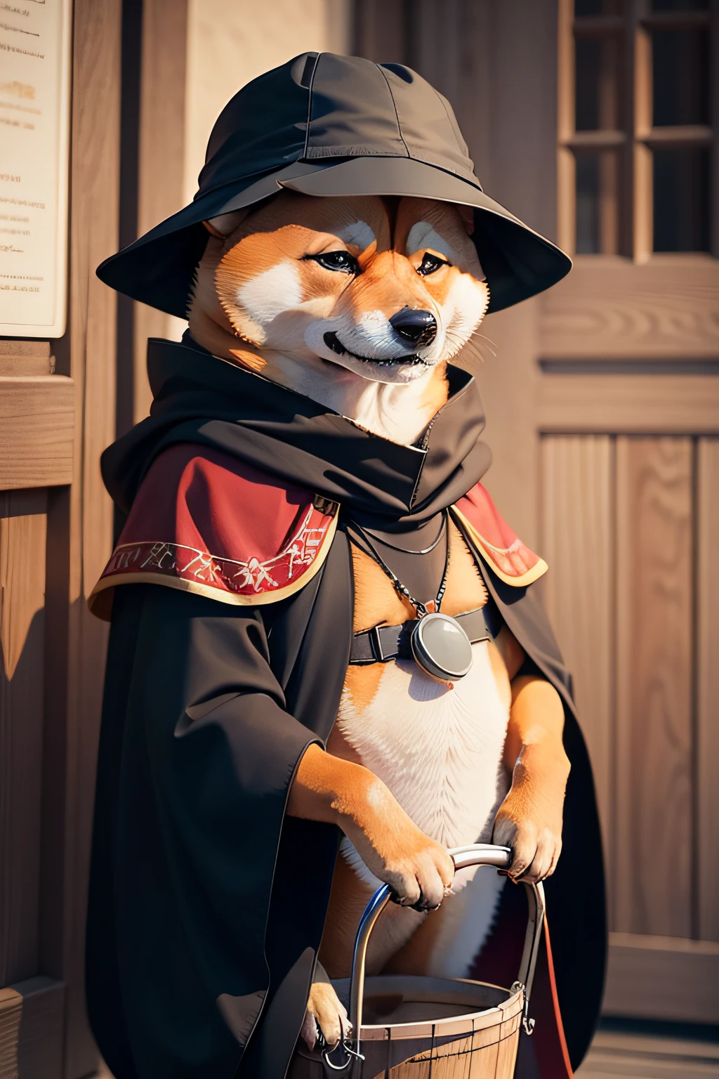 Shiba Inu with a bucket hat,Chivalry style,Funny,Shiba dog,With a cloak