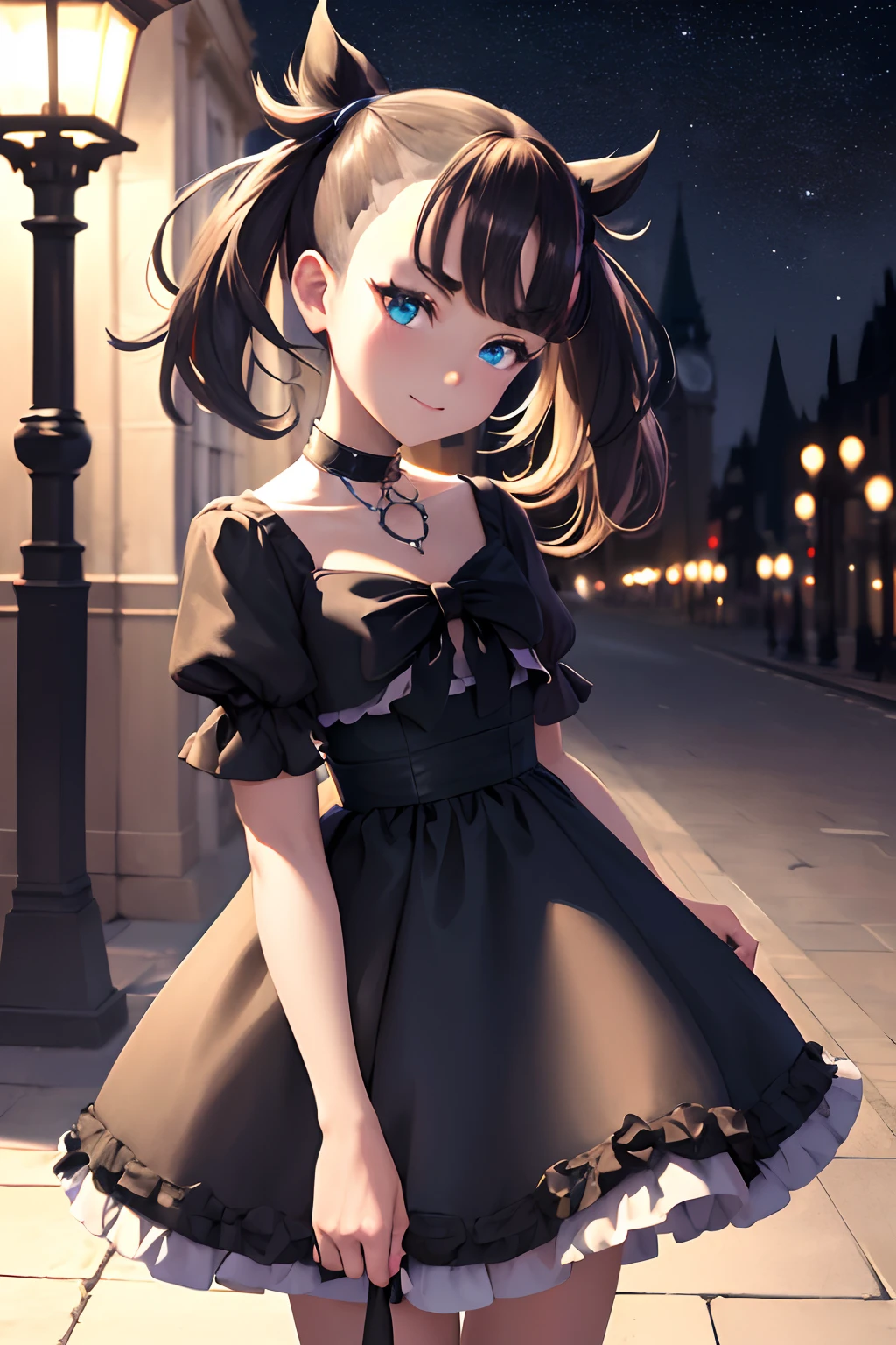 masterpiece, best quality, highres, hmmarnie, sparkling aqua eyes, choker, hair ribbon, gothic ****ta dress, bows on clothing, cowboy shot, standing, gazing at viewer, dimly lit street, clock tower, night time, stars, magical aura, slight smile, slight head tilt, blush