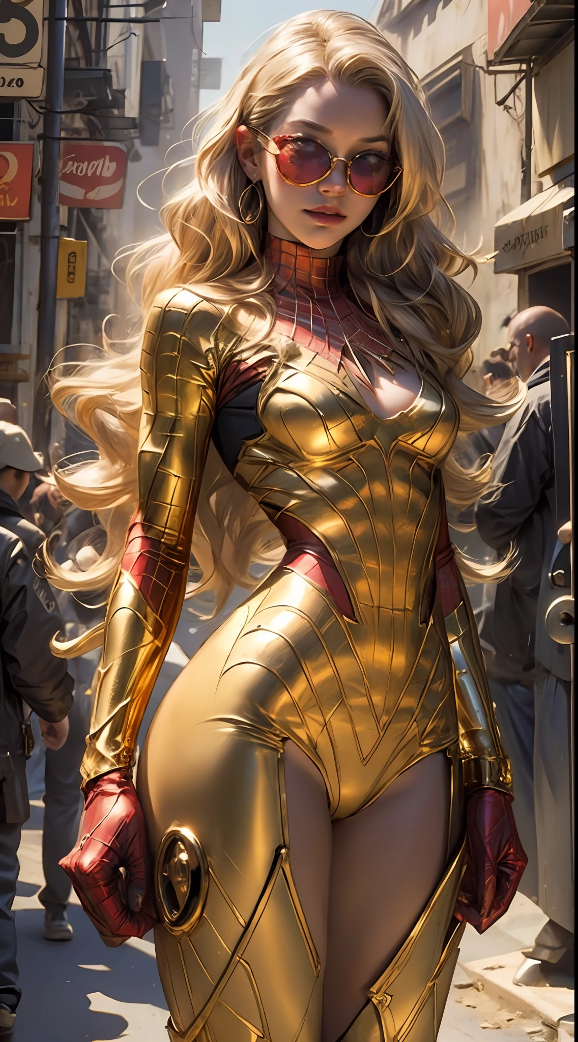 Beautiful blonde woman detailed defined body using gold spider man cosplay, huge breasts